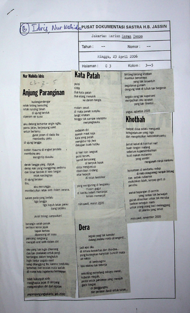 Sajak-sajak : anjung paranginan, kata patah, dera, khotbah, tubuh gaib