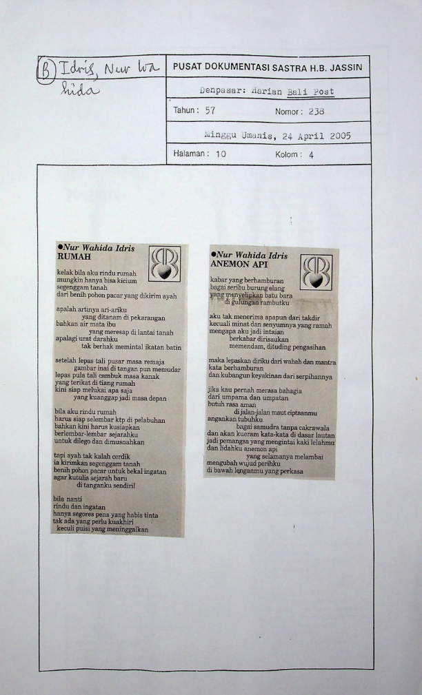Sajak-sajak : rumah, anemon api