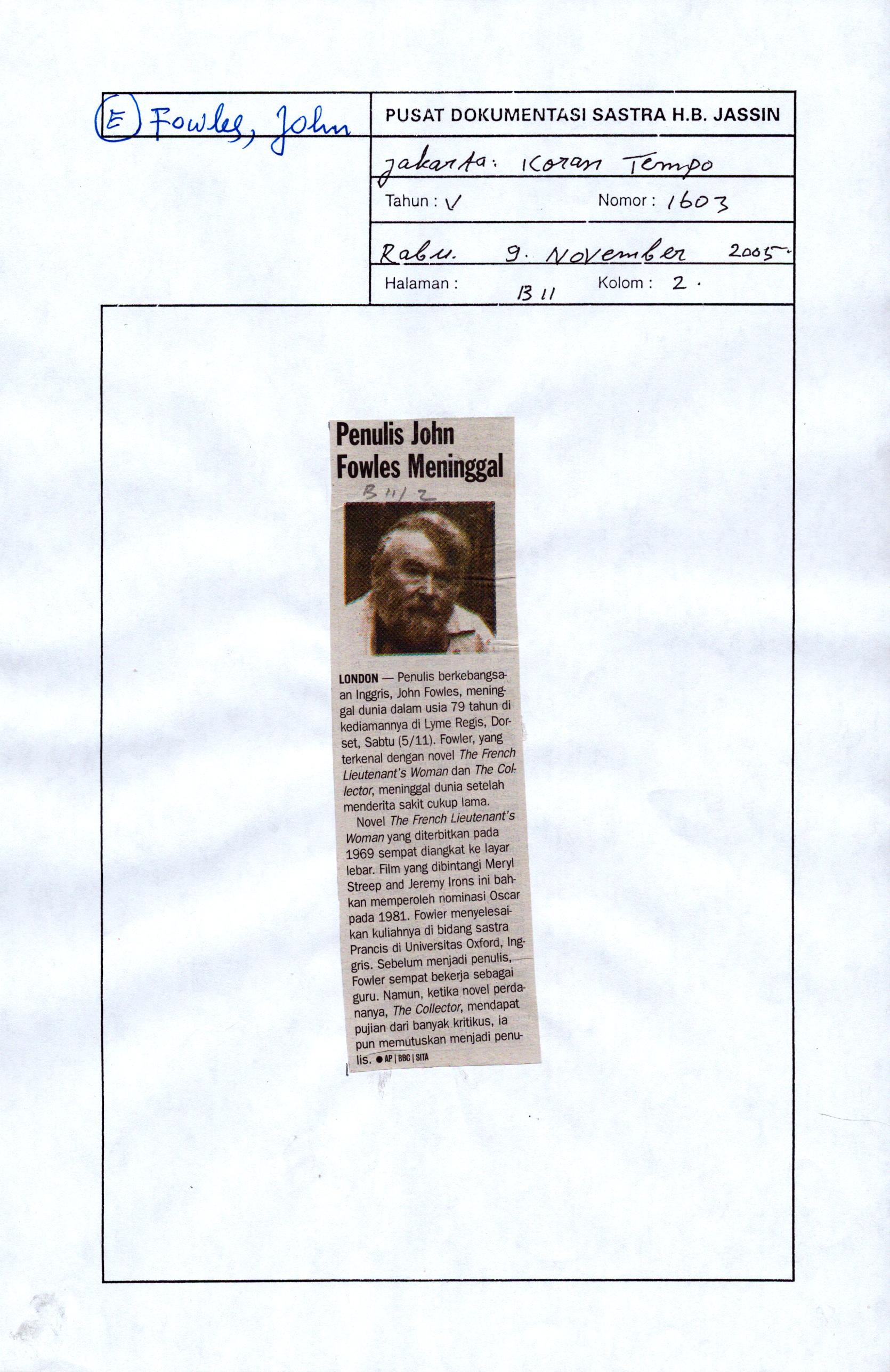 Penulis John Fowles Meninggal
