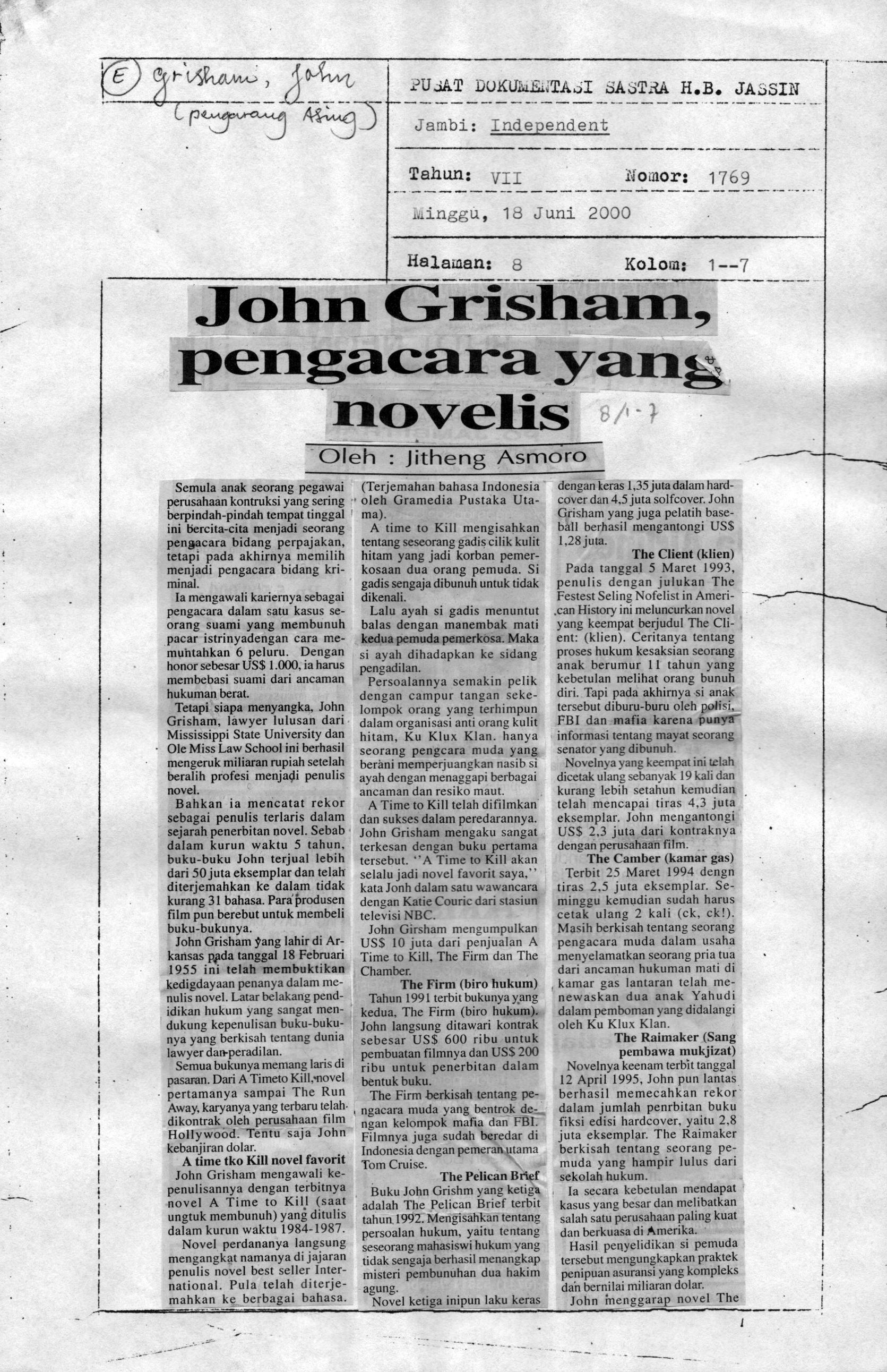 John Grisham pengacara yang novelis