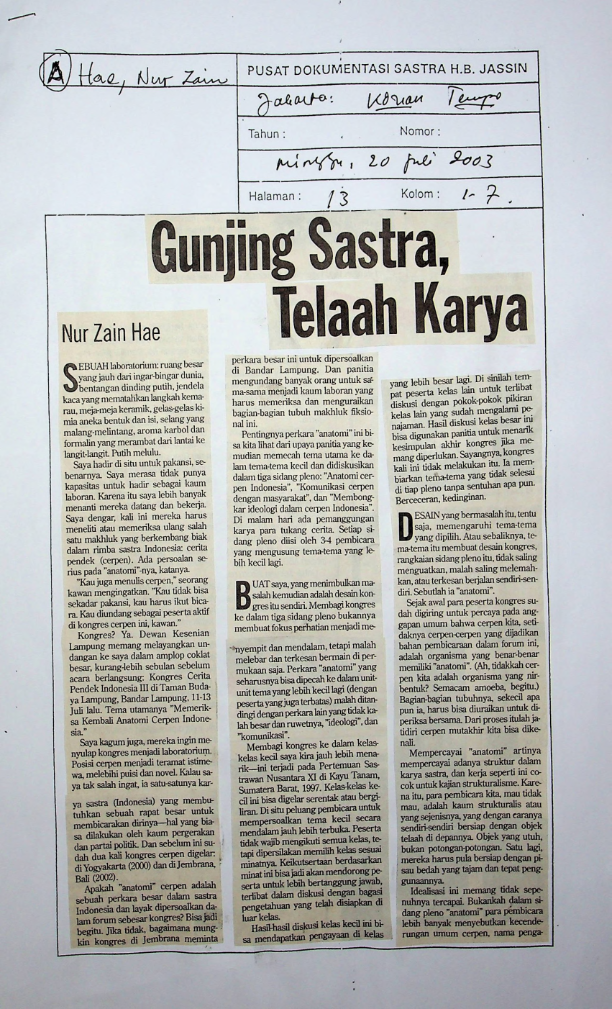 Gunjing sastra, telaah karya