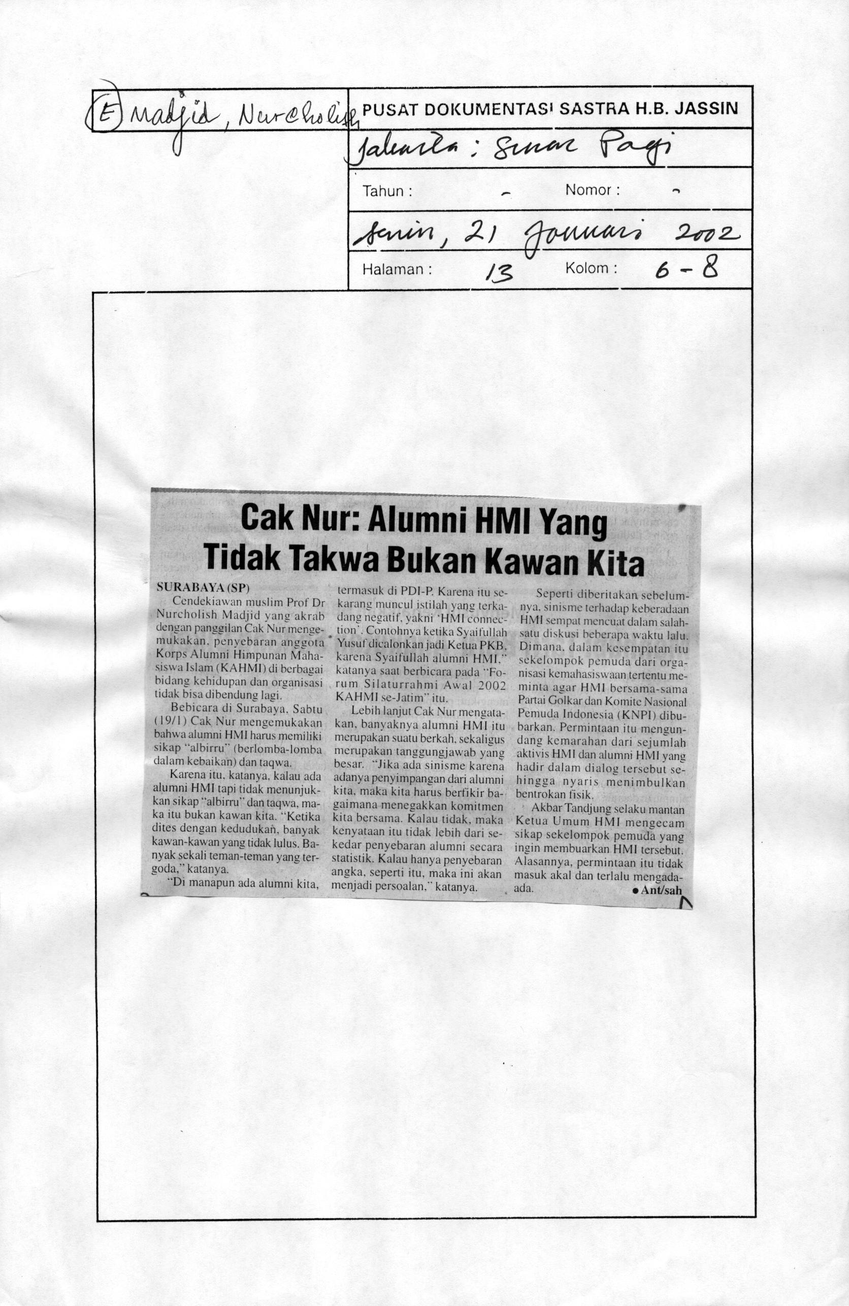 Cak Nur: alumni HMI yang tidak takwa bukan kawan kita