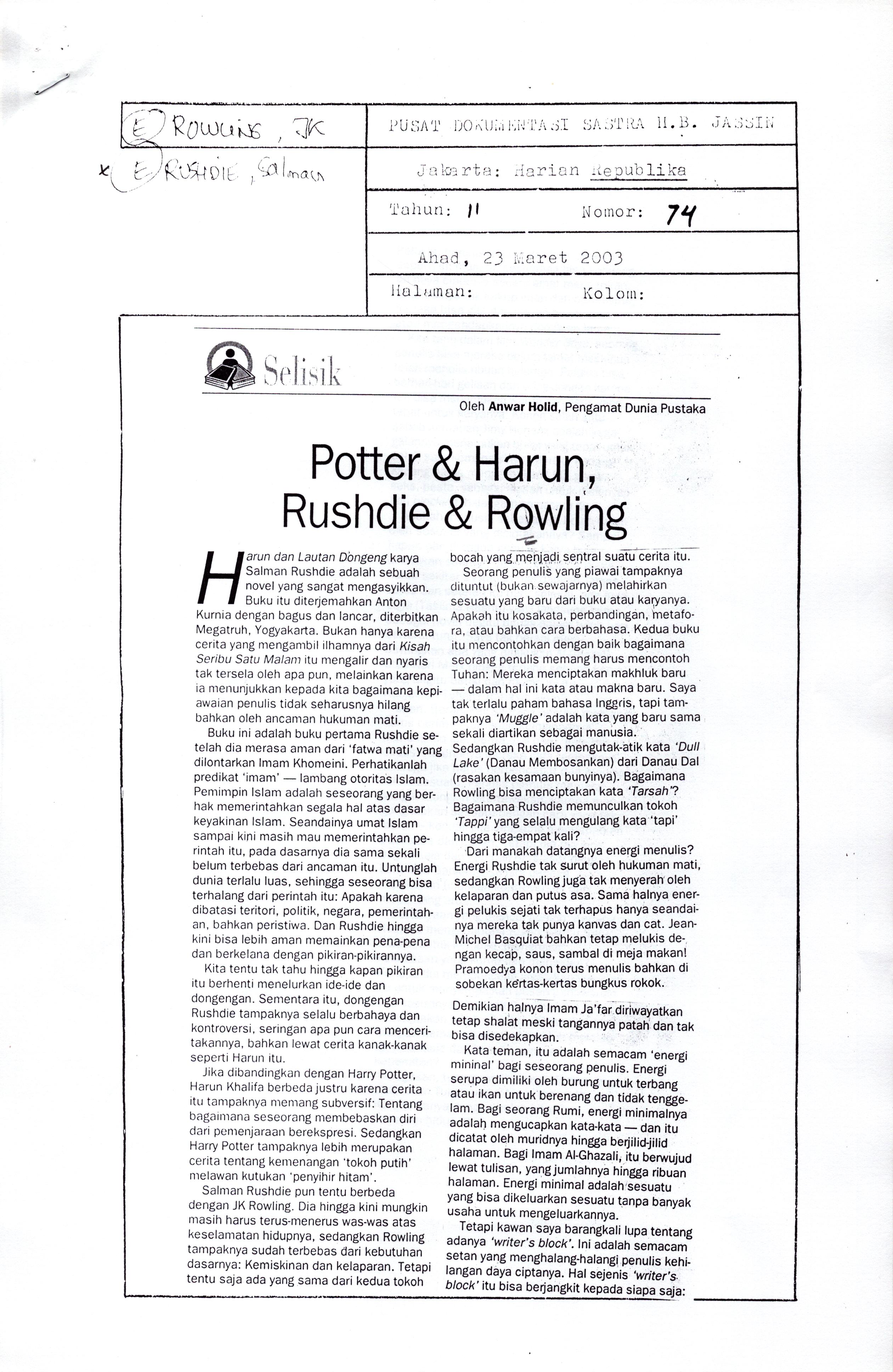 Potter dan Harun, Rushdie dan Rowling