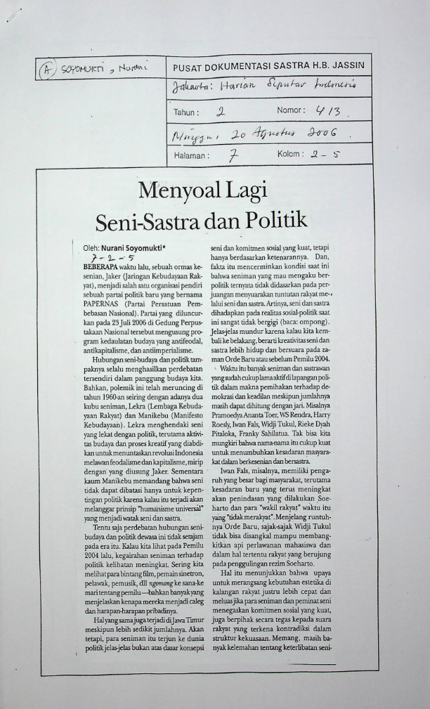 Menyoal lagi seni-sastra dan politik