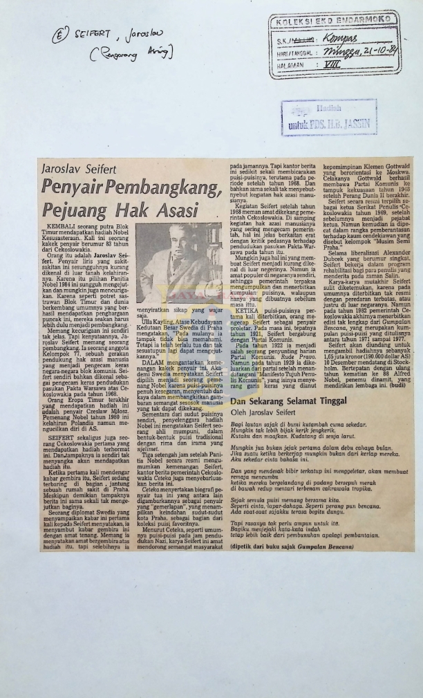 Jaroslav Seifert. Penyair pembangkang, pejuang hak asasi