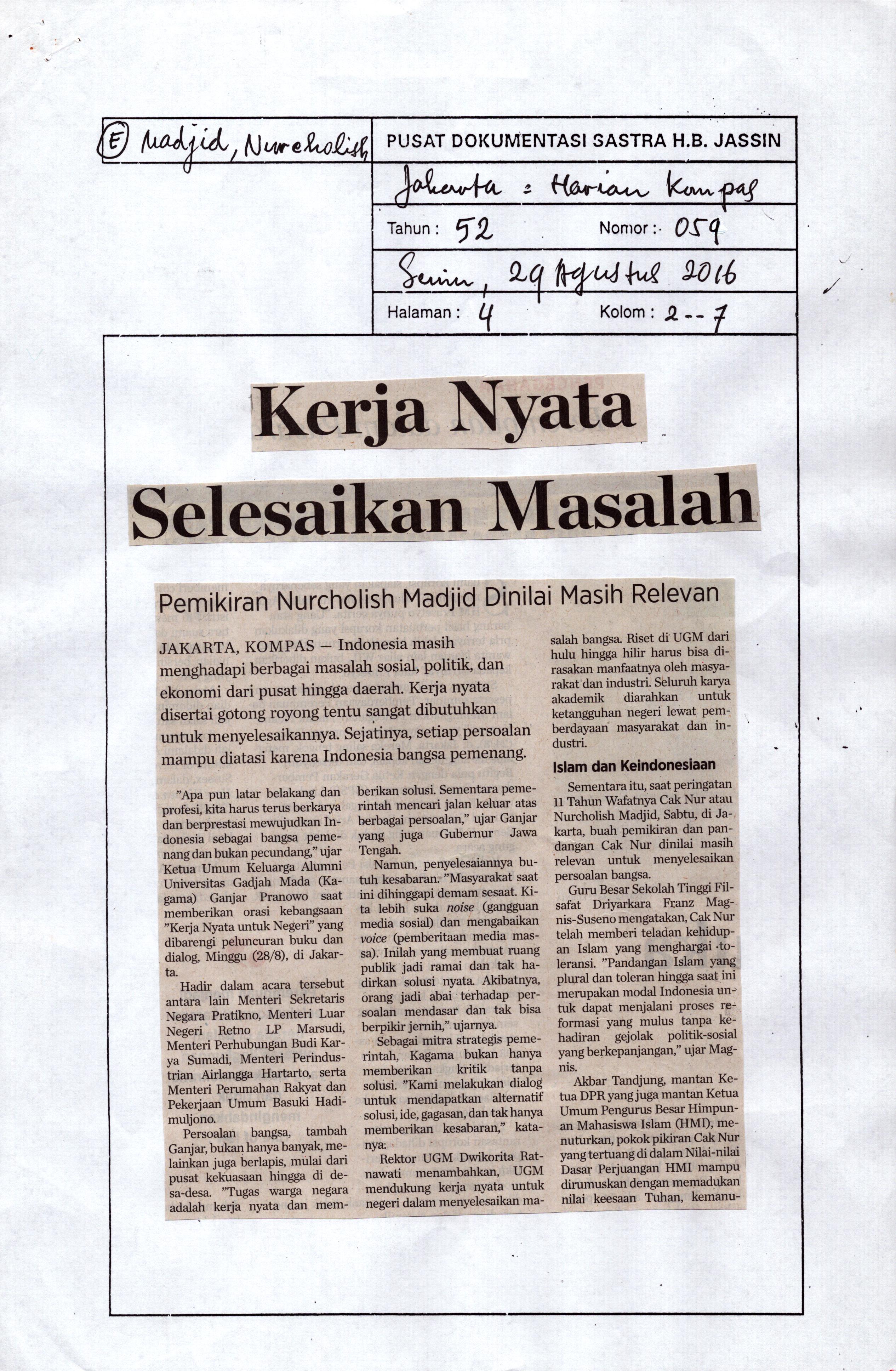 Kerja nyata selesaikan masalah : pemikiran Nurcholish Madjid dinilai masih relevan