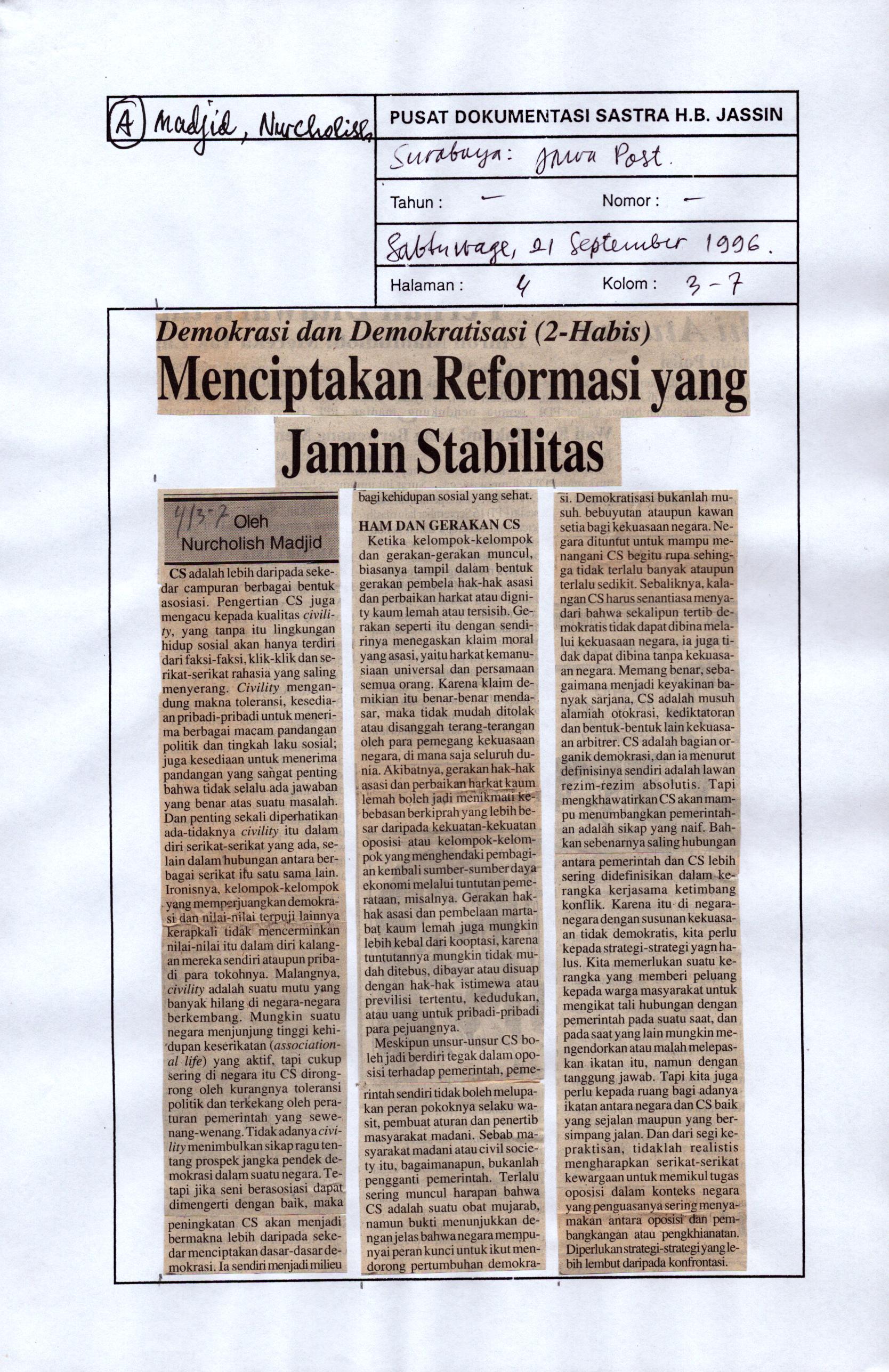 Demokrasi dan Demokratisasi (2-habis) : menciptakan reformasi yang jamin stabilitas