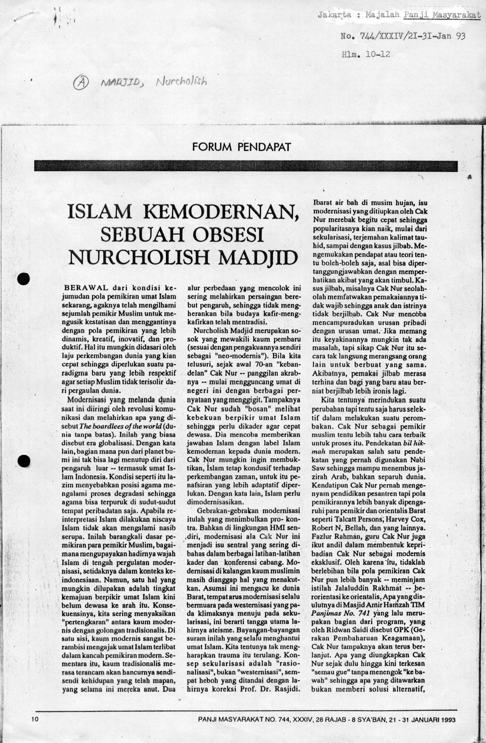 Islam kemodernan, sebuah obsesi Nurcholish Madjid