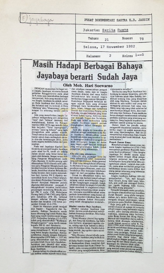 Masih hadapi berbagai bahaya Jayabaya berarti sudah jaya