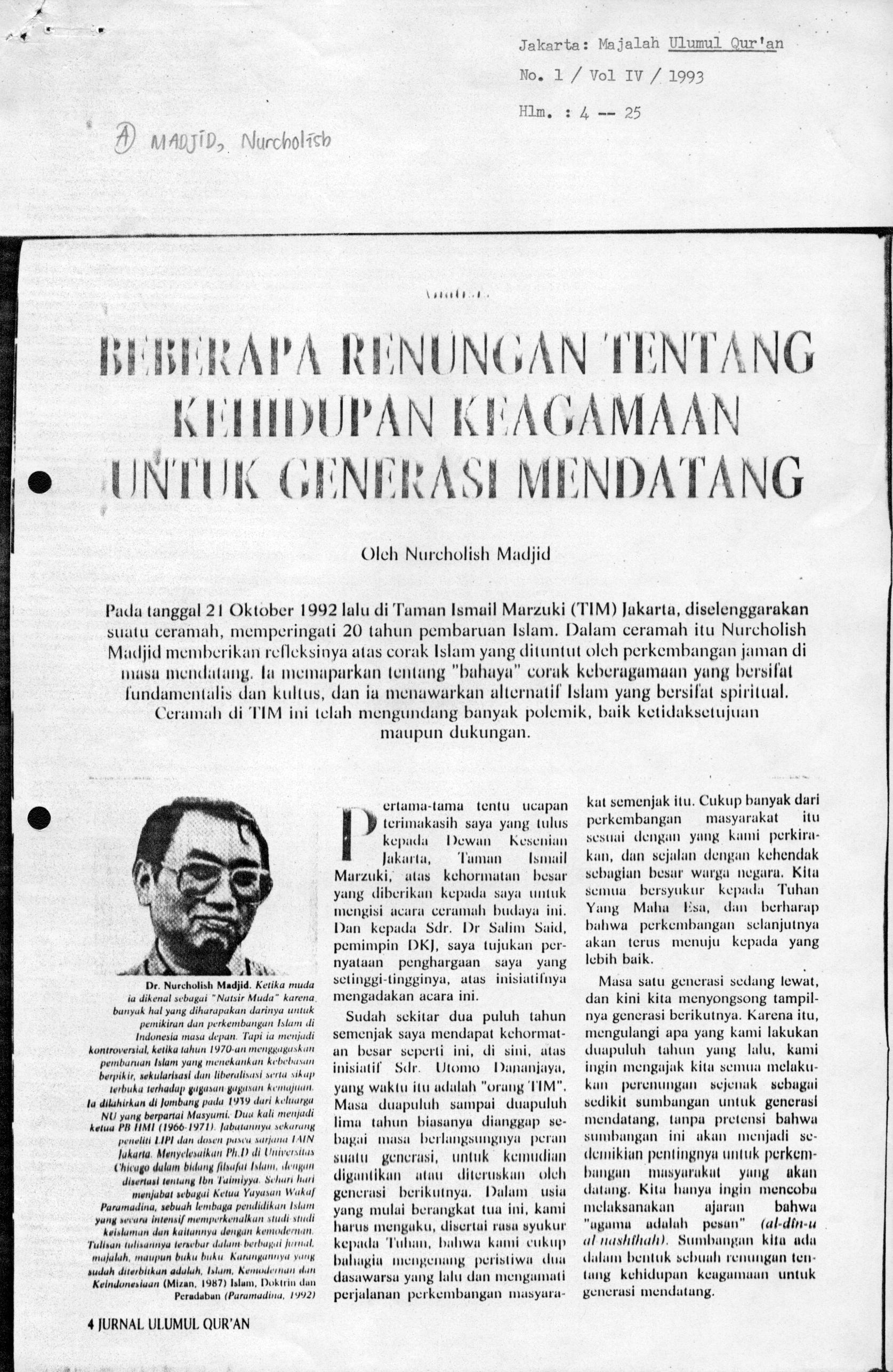 Beberapa renungan tentang kehidupan keagamaan untuk generasi mendatang