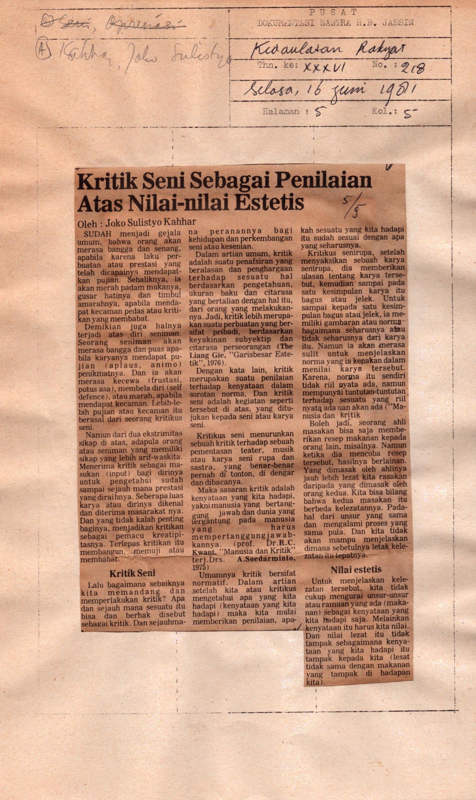 Kritik seni sebagai penilaian aras nilai - nilai estetis
