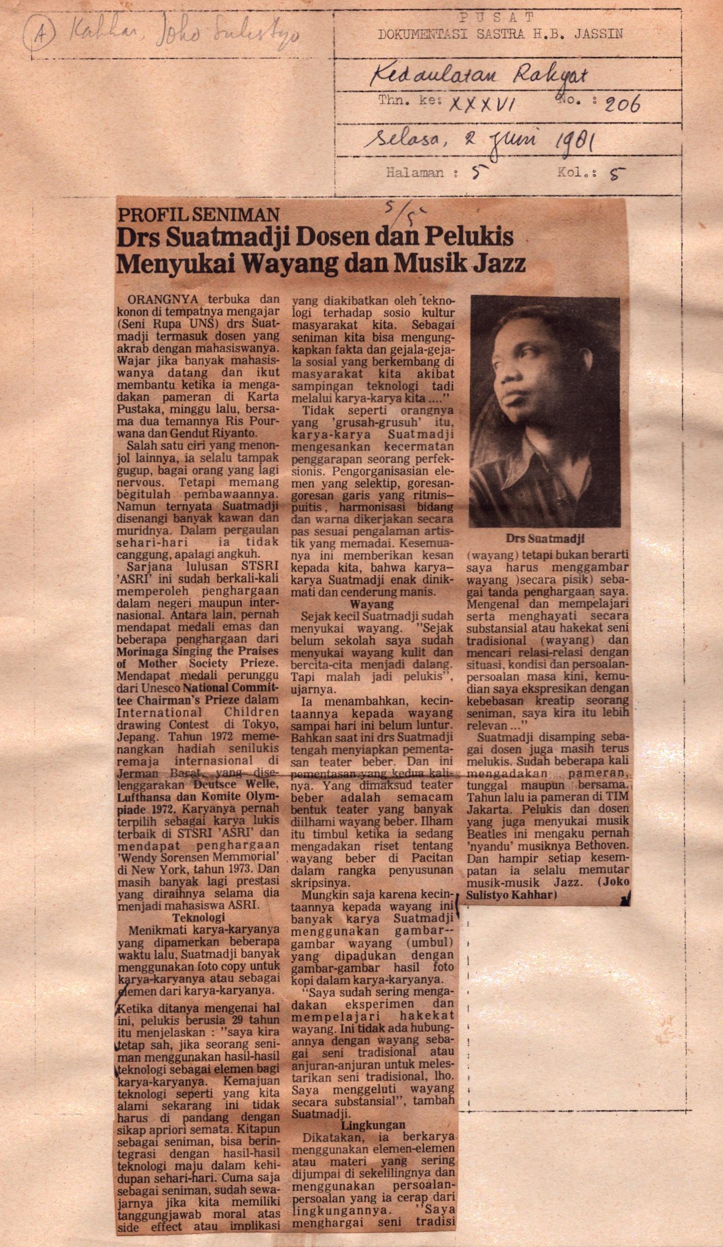 Profil seniman : Drs Suatmadji dosen dan pelukis menyukai wayang dan musik jazz