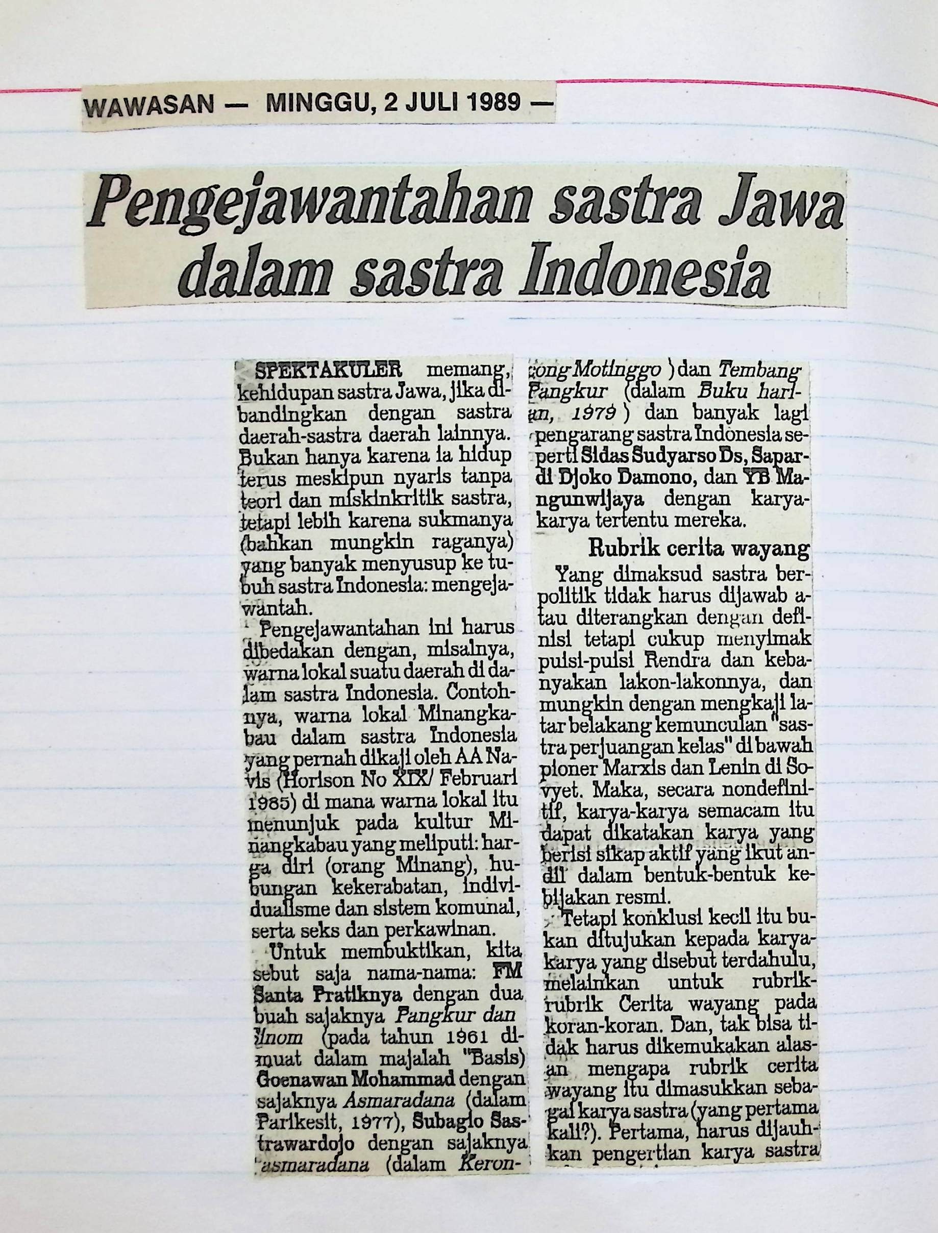 Pengejawantahan sastra Jawa dalam sastra Indonesia