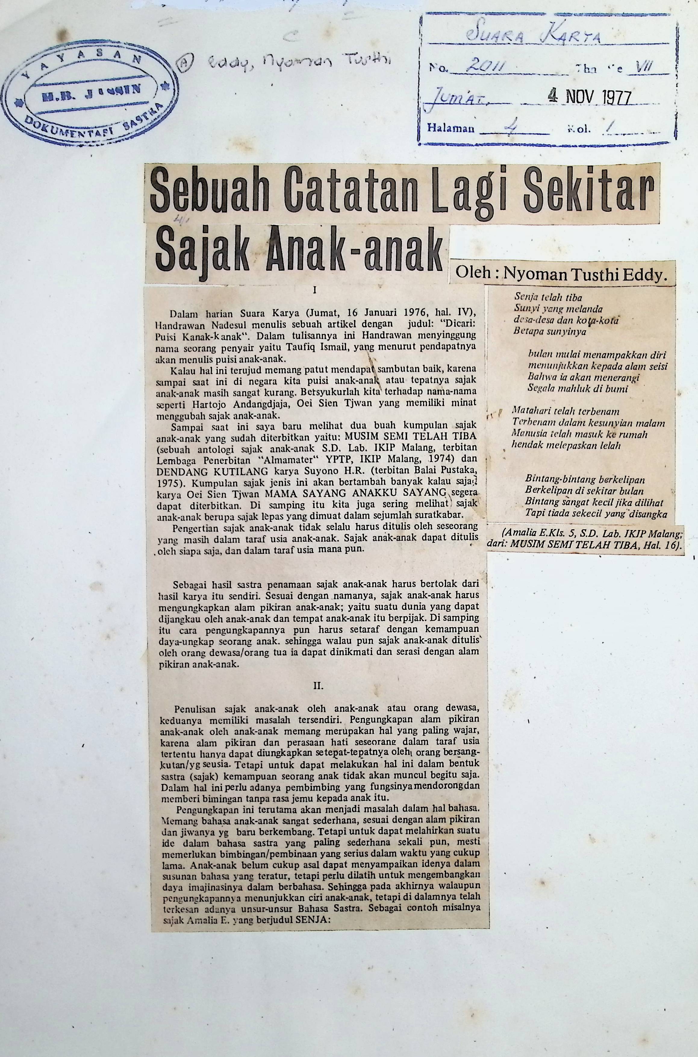 Sebuah catatan lagi sekitar sajak anak-anak