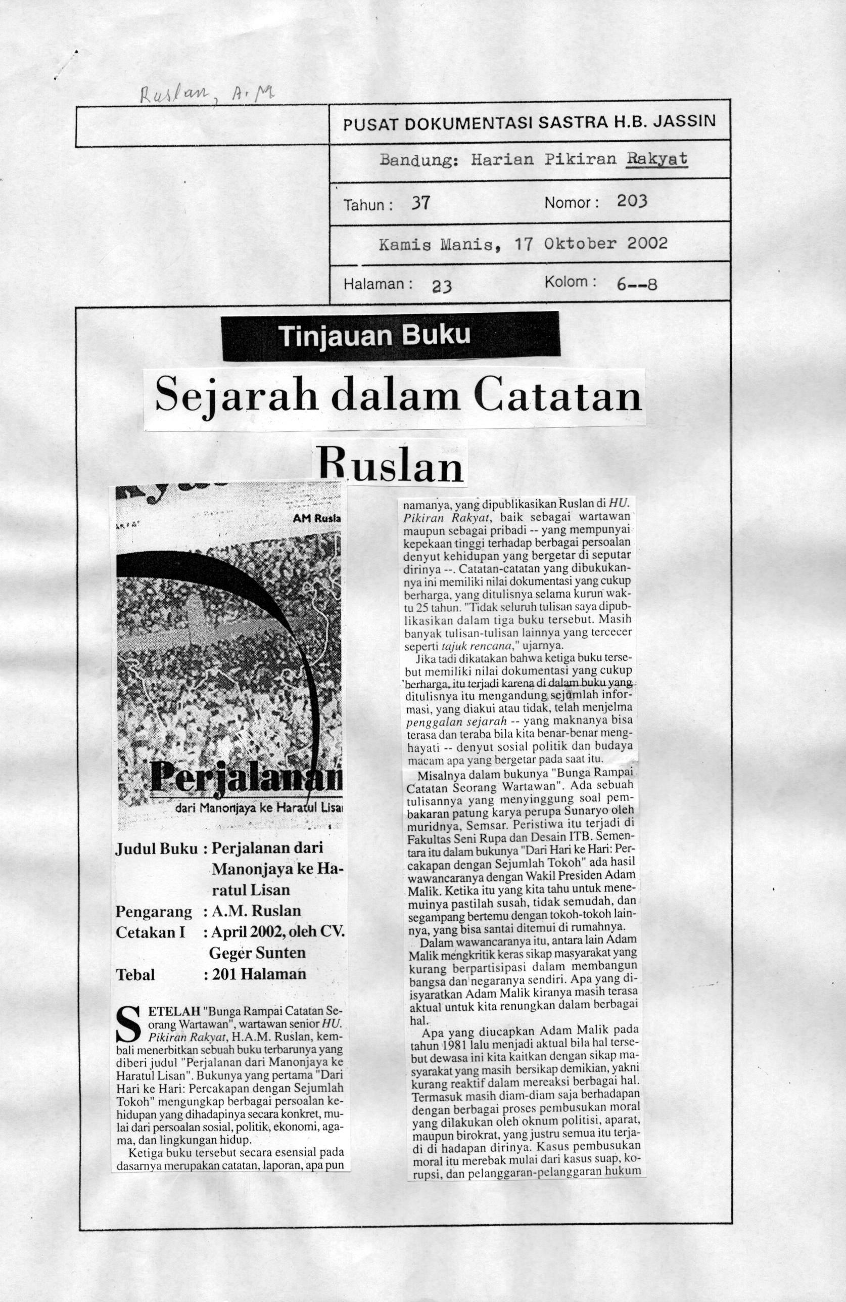Tinjauan buku : Sejarah dalam catatan Ruslan