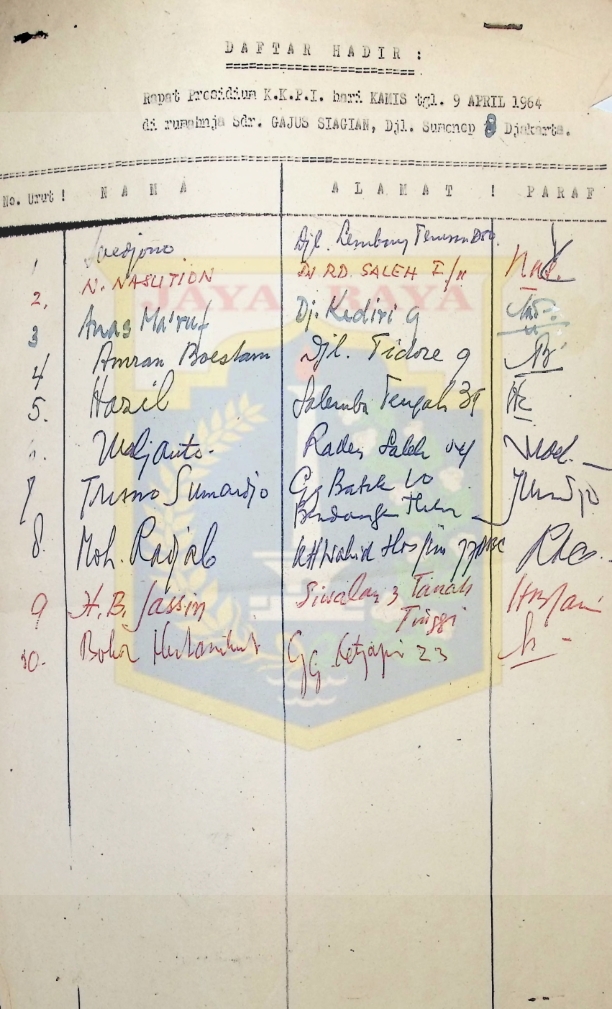 Daftar hadir : rapat presidium KKPI hari kamis tgl 9 april 1964 lokasi rumah sdr gajus siagian jl.sumenep jakarta