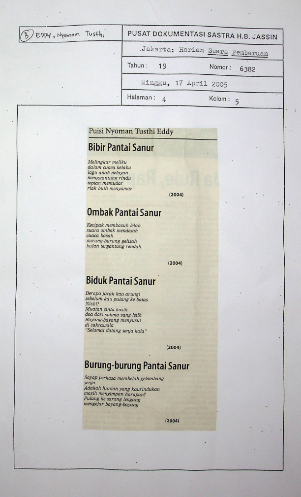 Sajak bibir pantai sanur, ombak pantai sanur, biduk pantai sinur, burung-burung pantai sinur : kumpulan sajak-sajak Nyoman Tusthi Eddy