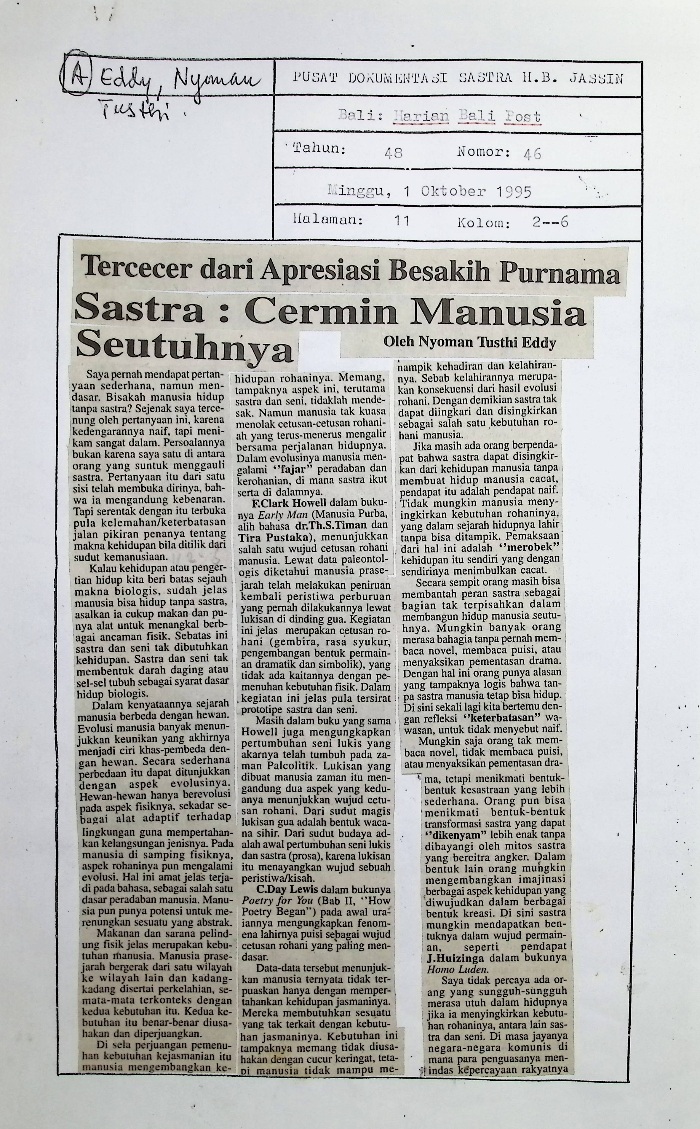 Tercecer dari apresiasi Besakih Purnama, sastra cermin manusia seutuhnya