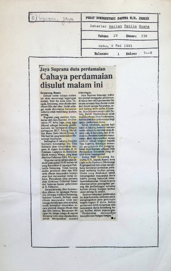 Jaya Suprana duta perdamaian, cahaya perdamaian disulut malam ini