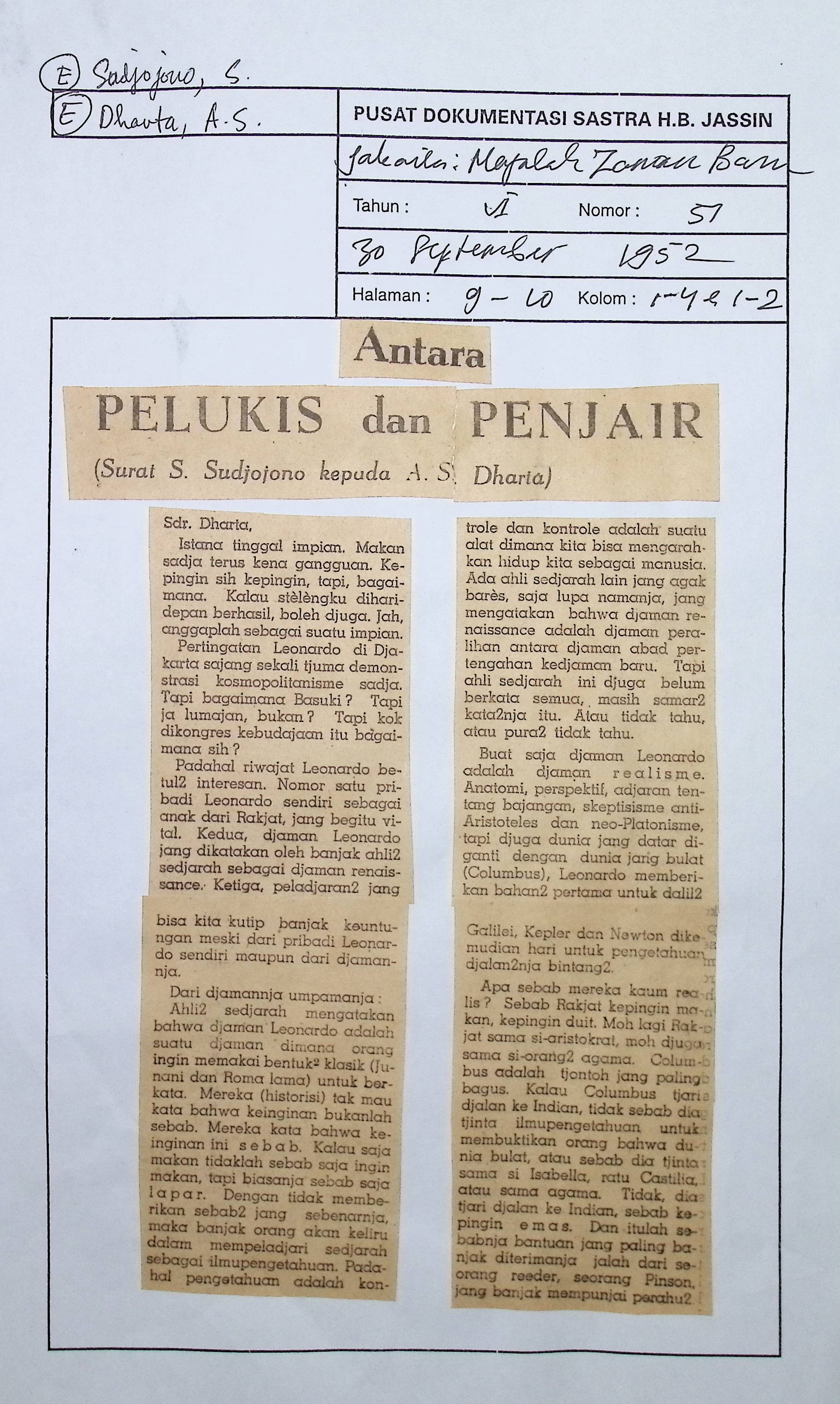 Antara pelukis dan penyair : Surat S. Sudjono kepada A.S Dharta