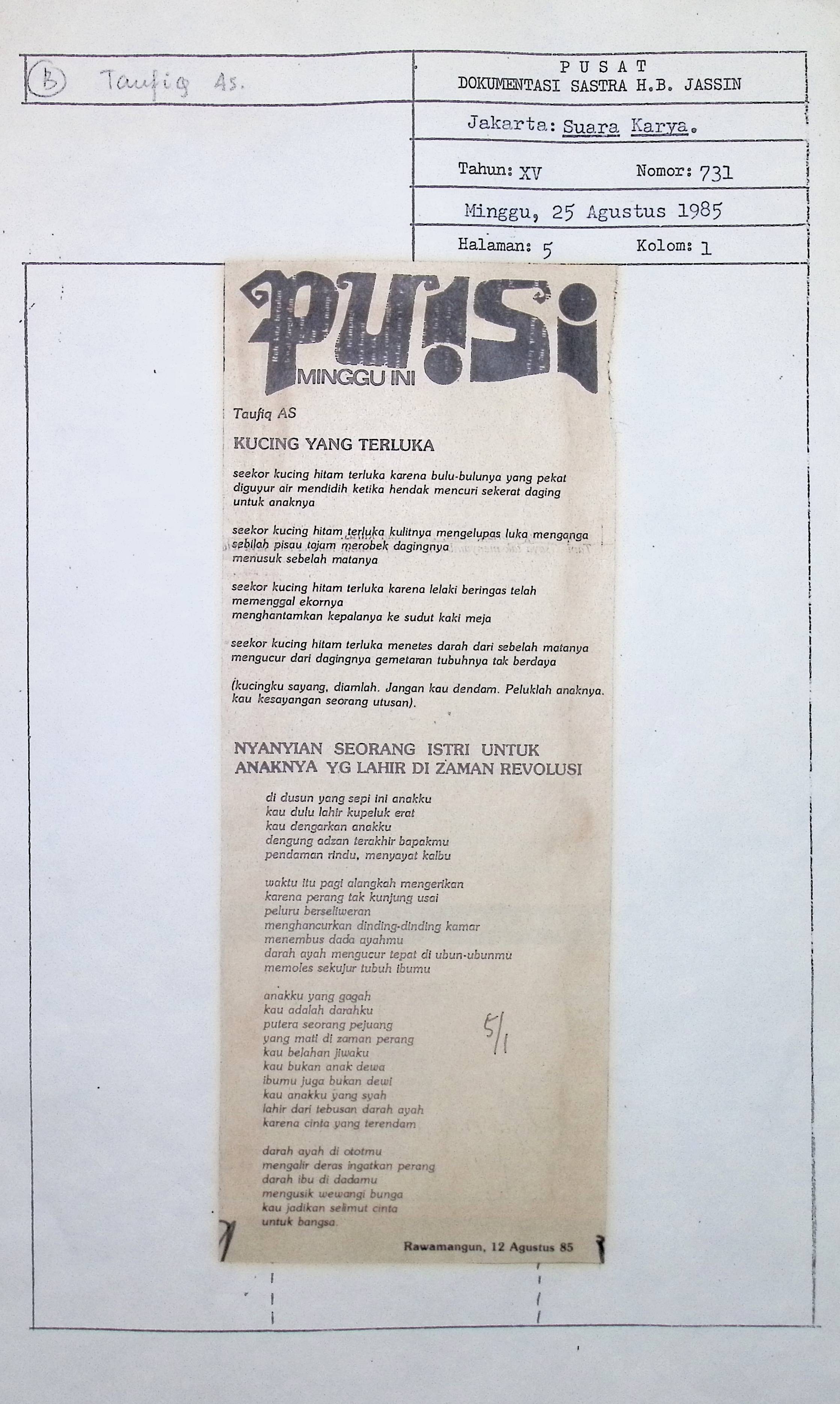Puisi minggu ini. Puisi Taufiq AS