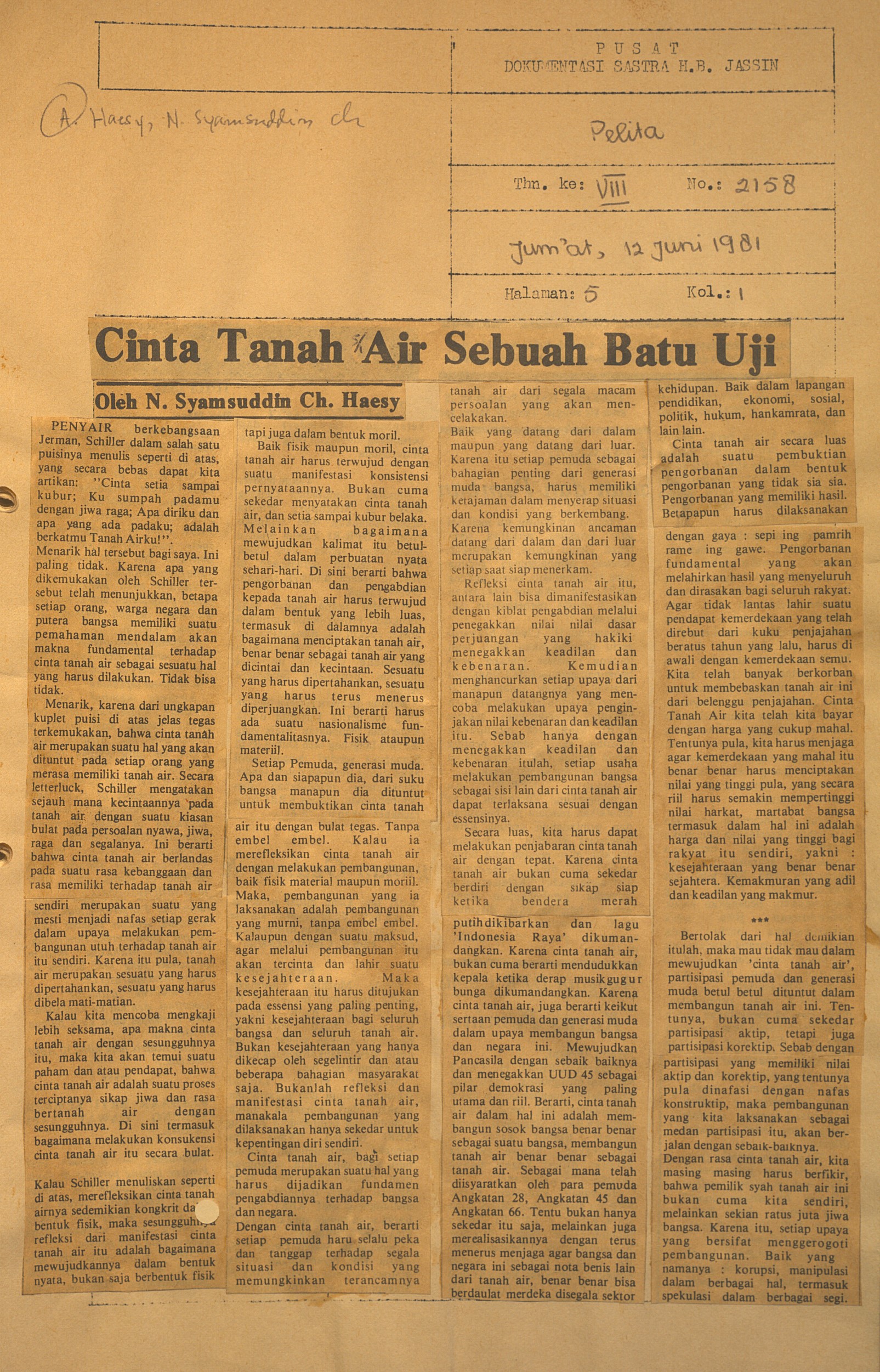 Cinta tanah air sebuah batu uji / N. Syamsuddin Ch. Haesy