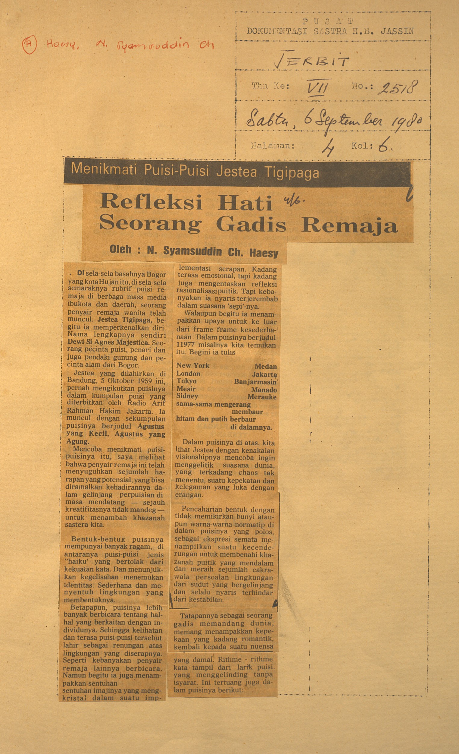 Menikmati puisi-puisi Jestea Tigipaga. Refleksi hati seorang gadis remaja