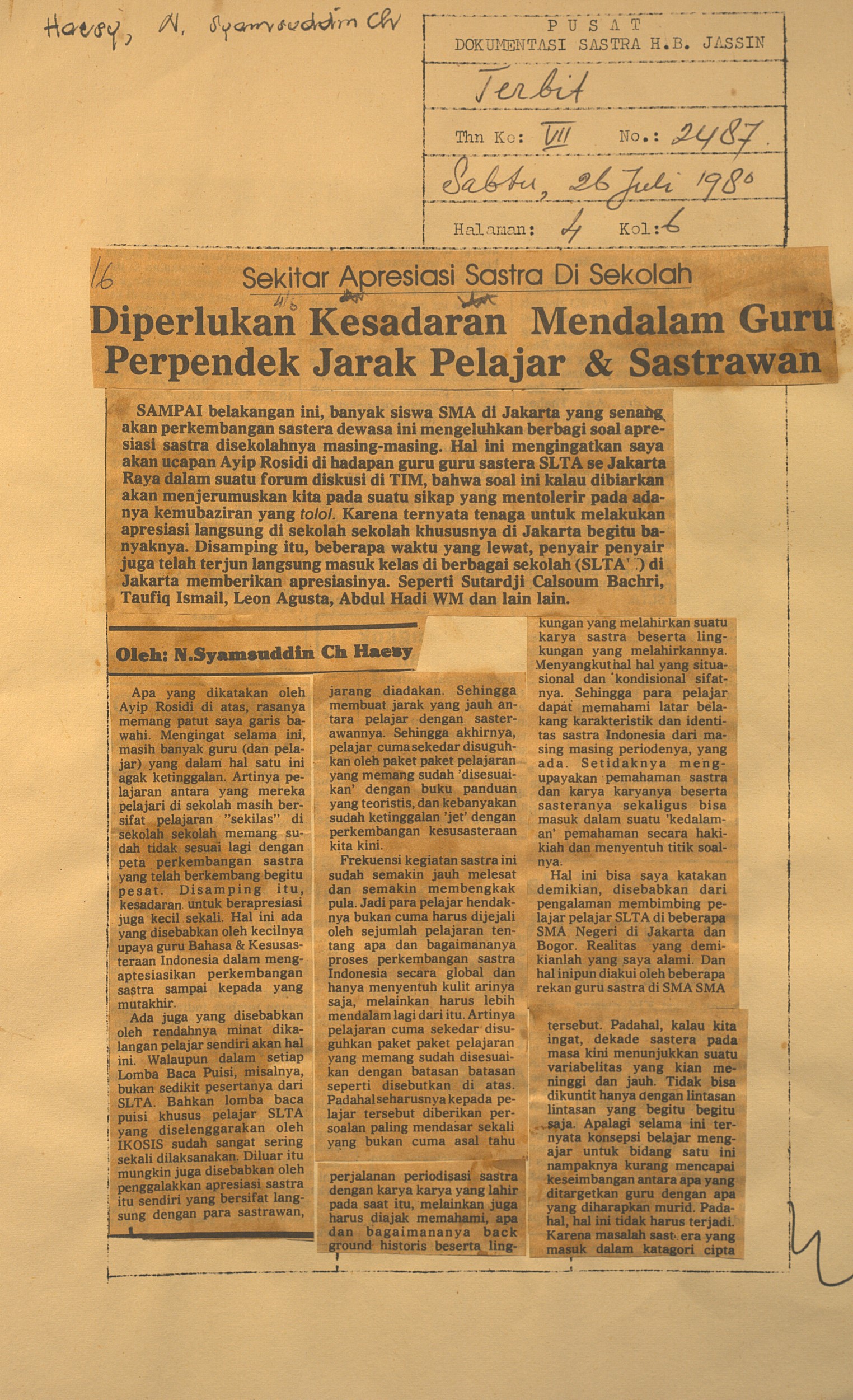Sekitar apresiasi sastra di sekolah. Diperlukan kesadaran mendalam guru perpendek jarak pelajar dan sastrawan