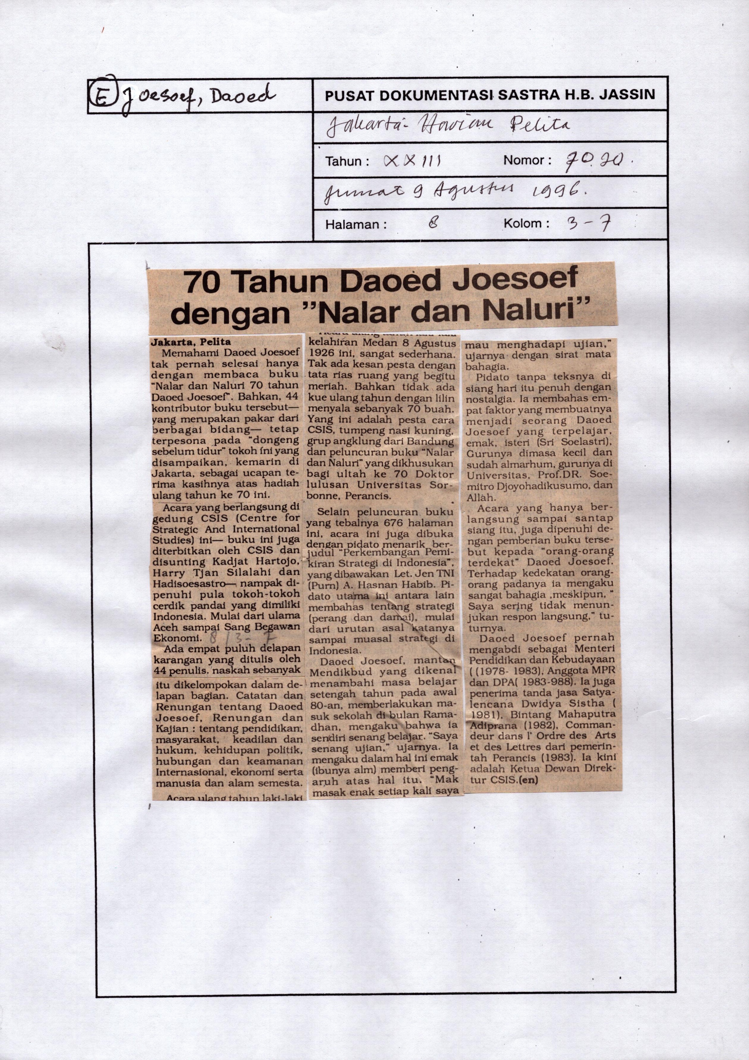 70 tahun Daoed Joesoef dengan "Nalar dan naluri"