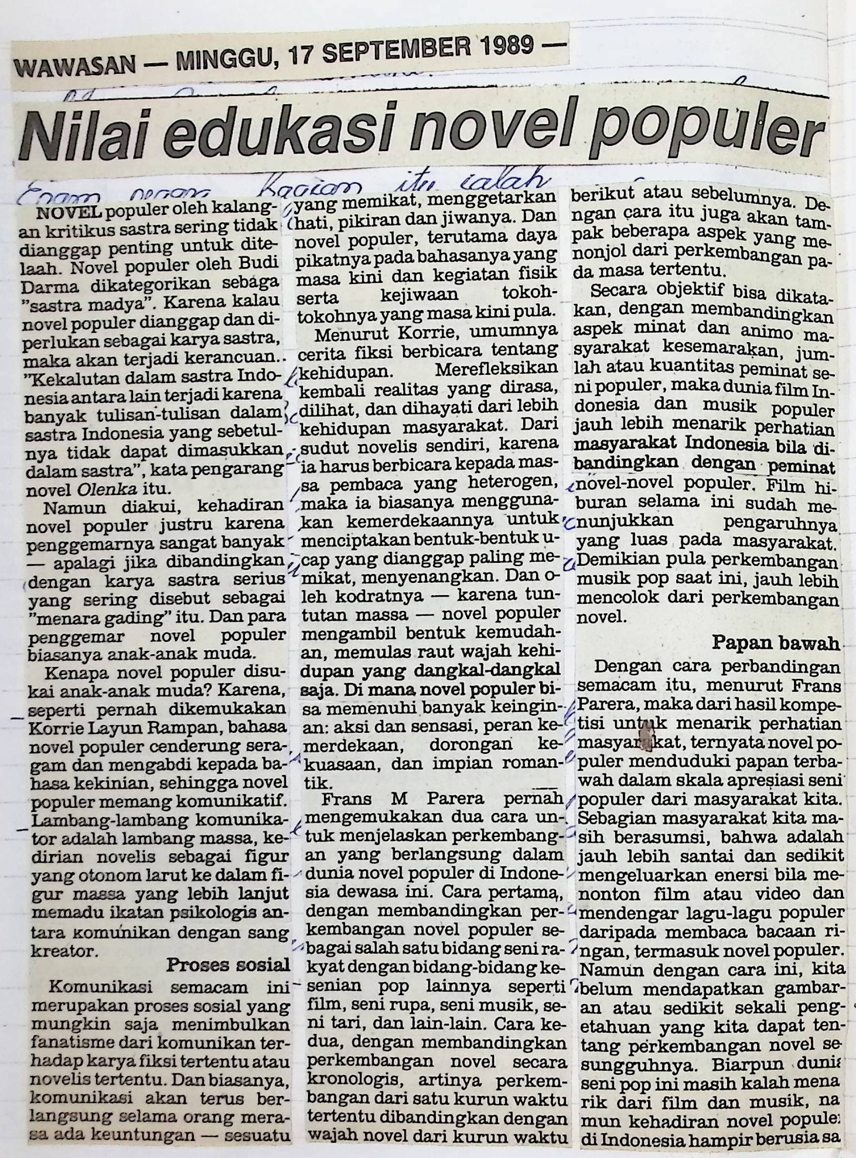 Nilai edukasi novel populer