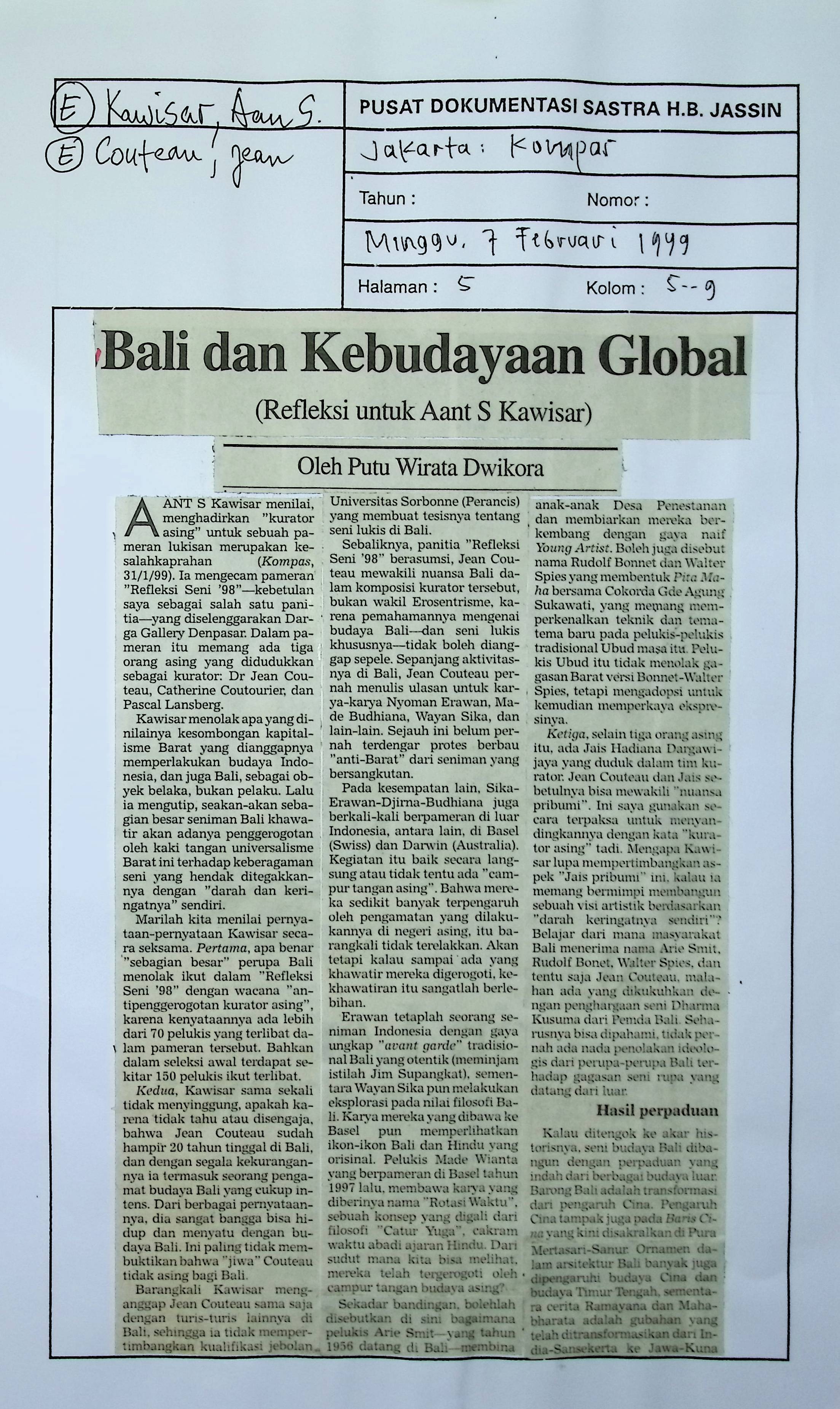 Bali dan kebudayaan global. Refleksi untuk Aant S Kawisar