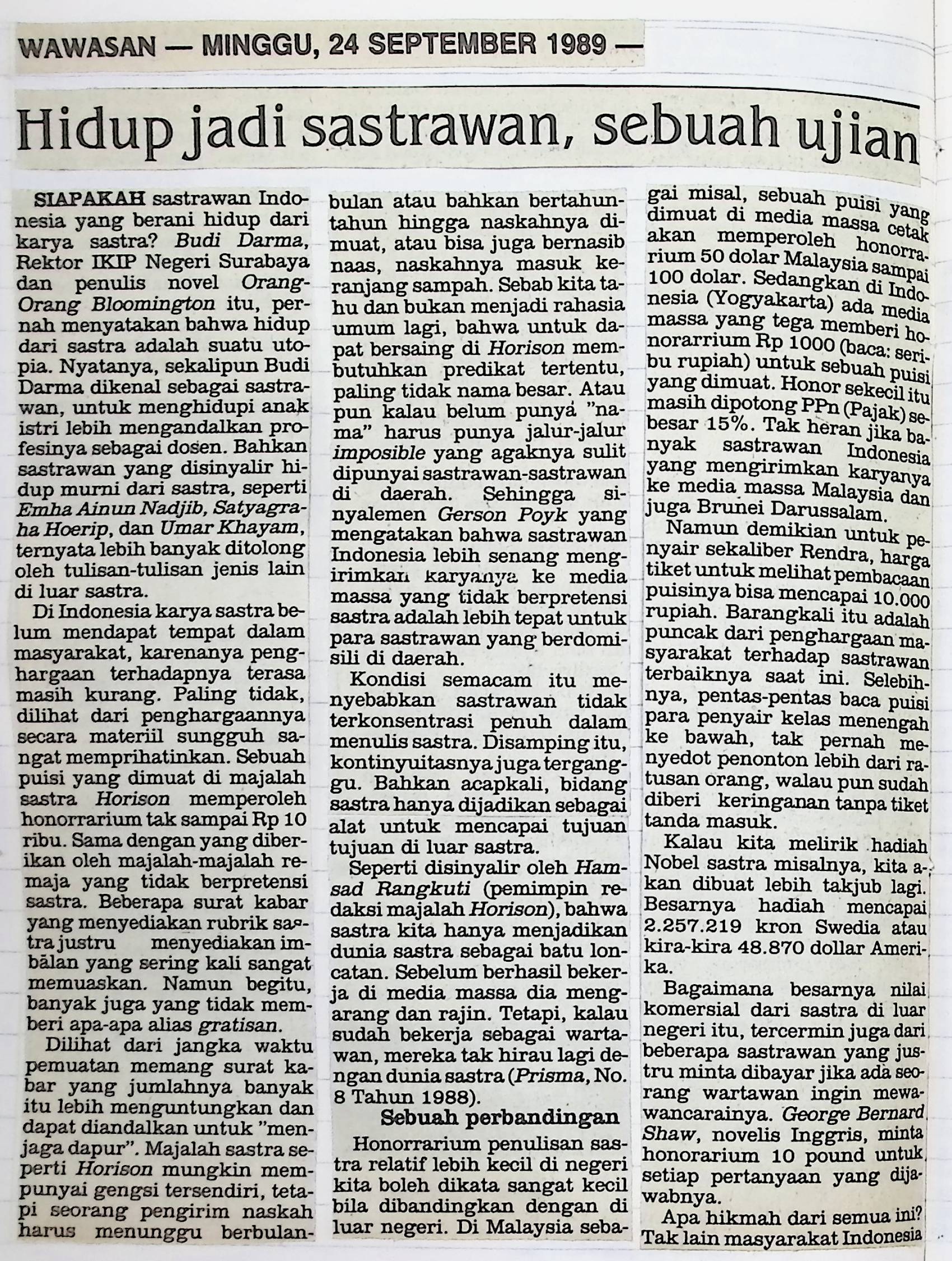 Hidup jadi sastrawan, sebuah ujian