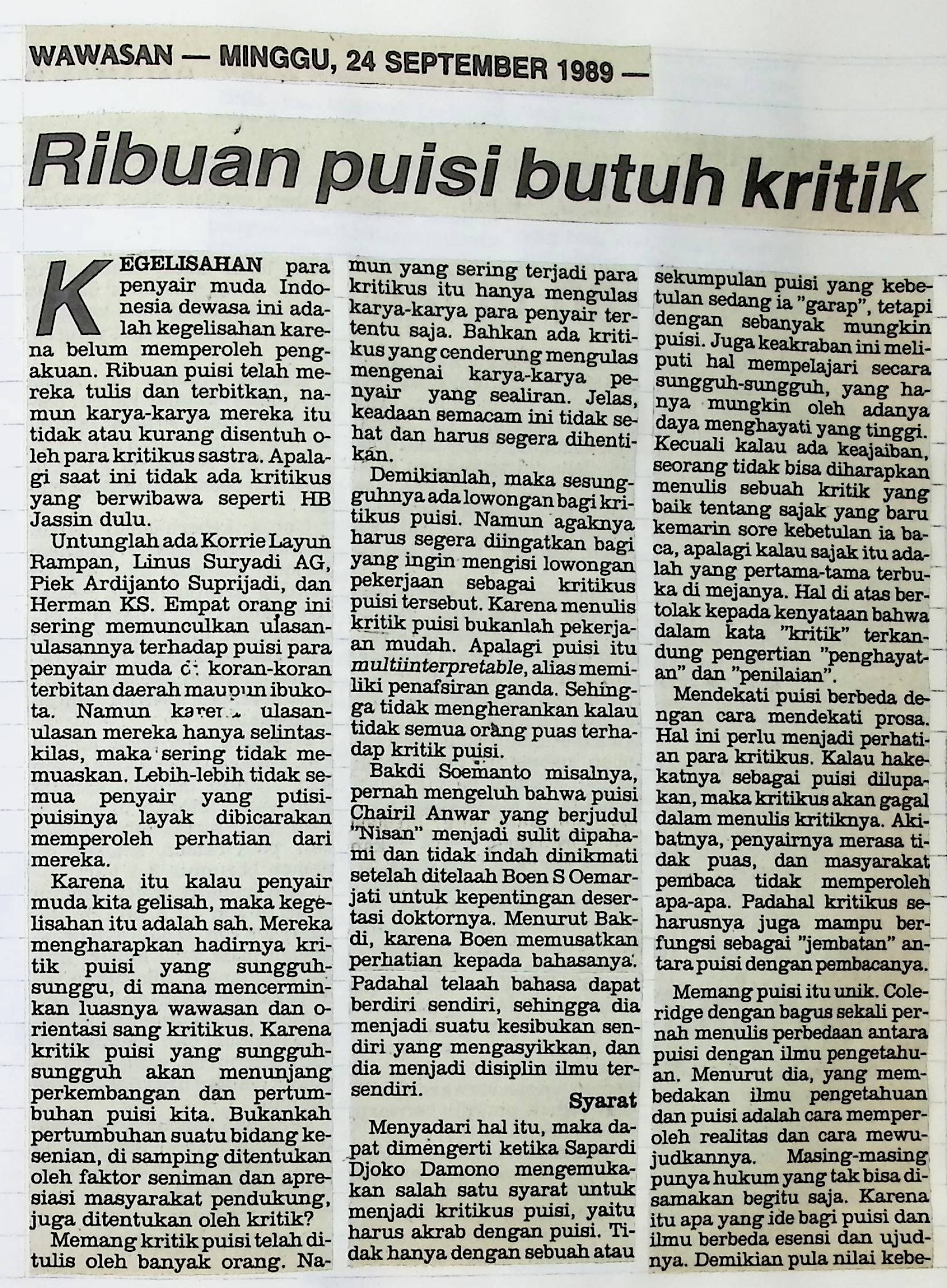Ribuan puisi butuh kritik