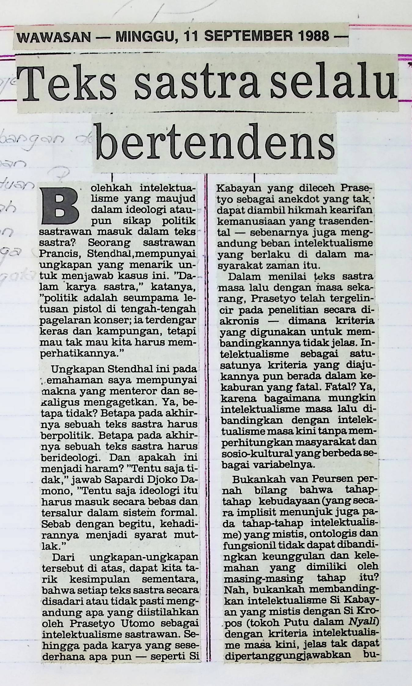Teks sastra selalu bertendens