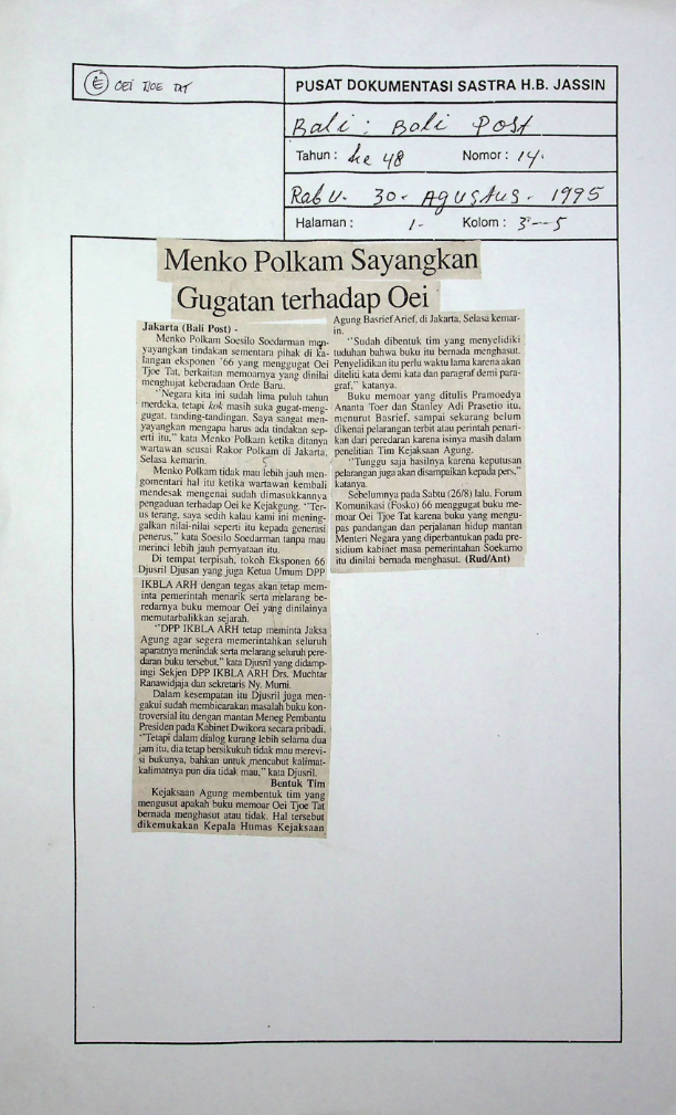 Menko polkam sayangkan gugatan terahadap Oei