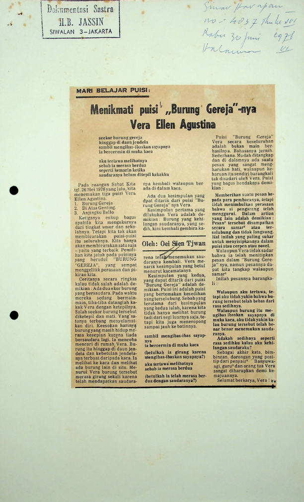 Menikmati puisi burung gereja-nya Vera Ellen Agustina