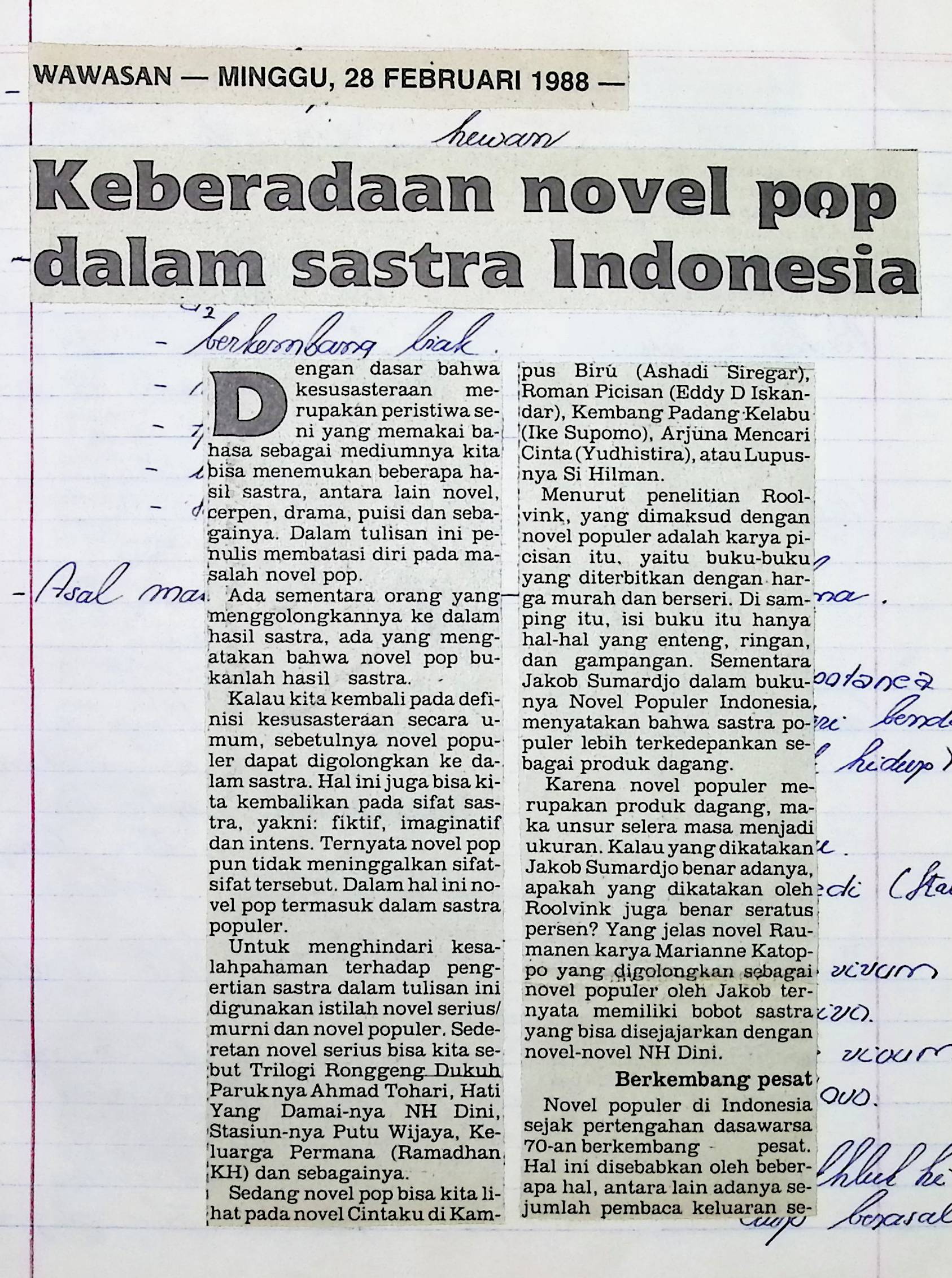 Keberadaan novel pop dalam sastra Indonesia
