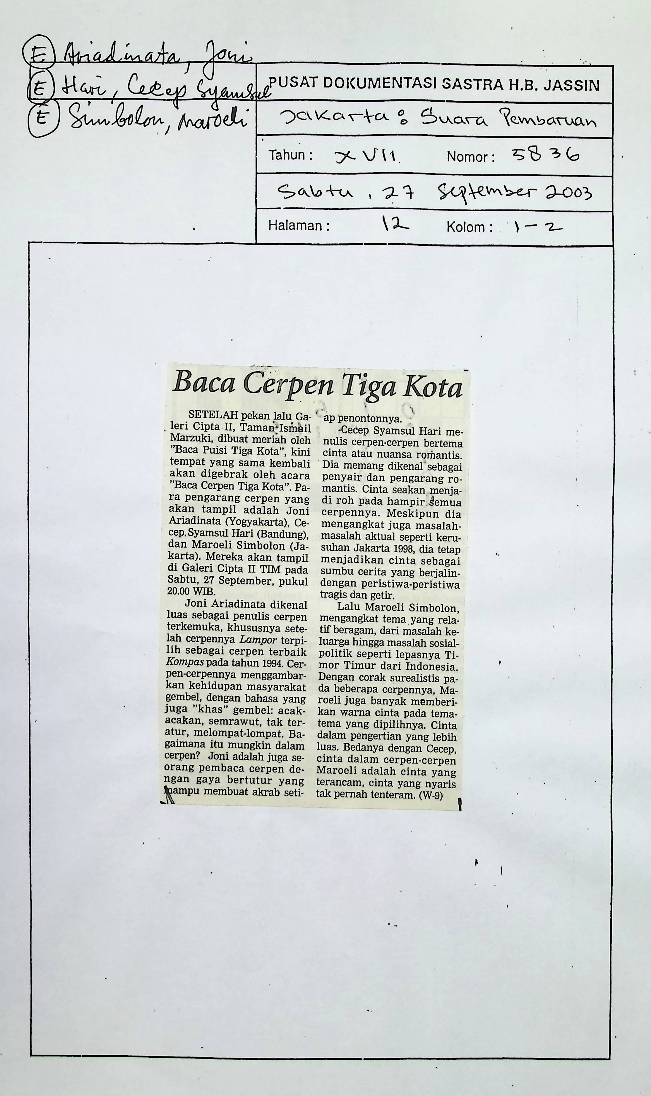 Baca cerpen tiga kota