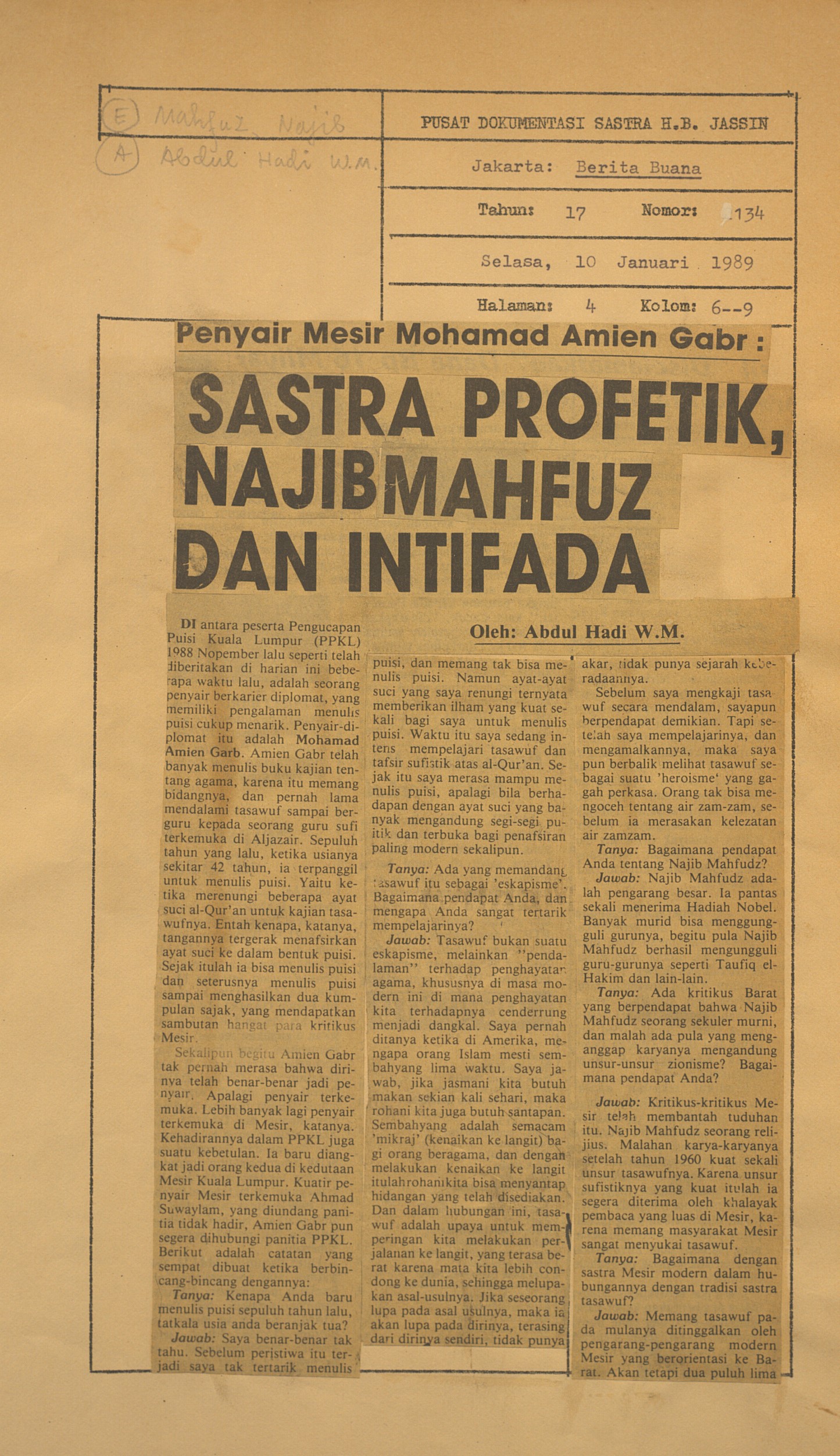 Penyair Mesir Mohamad Amien Gabr. Sastra profetik,najibmahfuz dan intifada