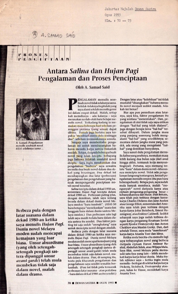 Antara Salina dan Hujan Pagi Pengalaman dan Proses Penciptaan : Pengalaman dan Proses Penciptaan