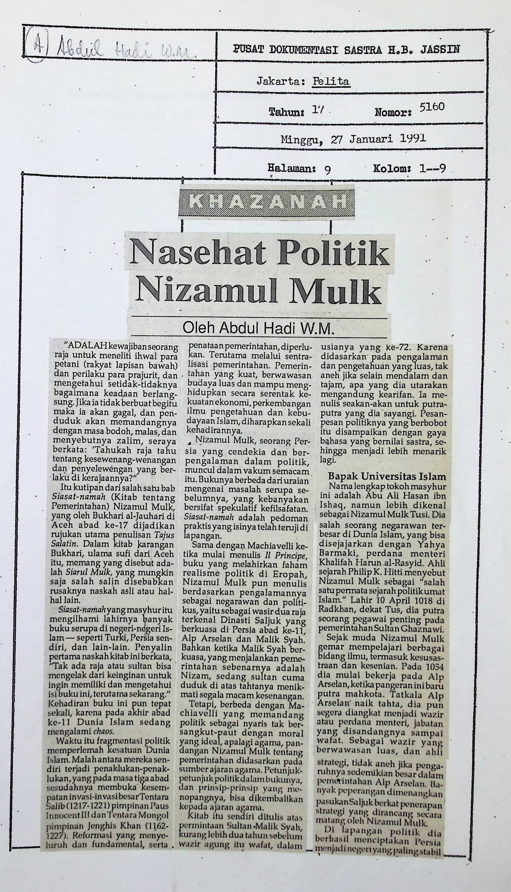 Khazanah. Nasehat politik Nizamul mulk