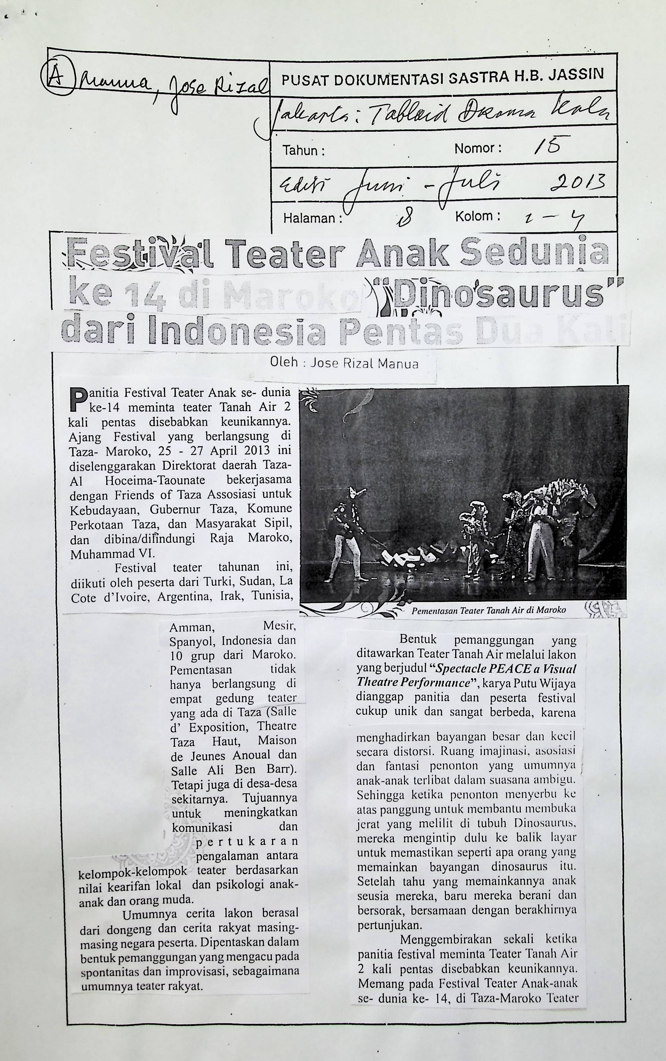Festival teater anak sedunia ke 14 di Maroko "dinosaurus dari Indonesia pentas dua kali