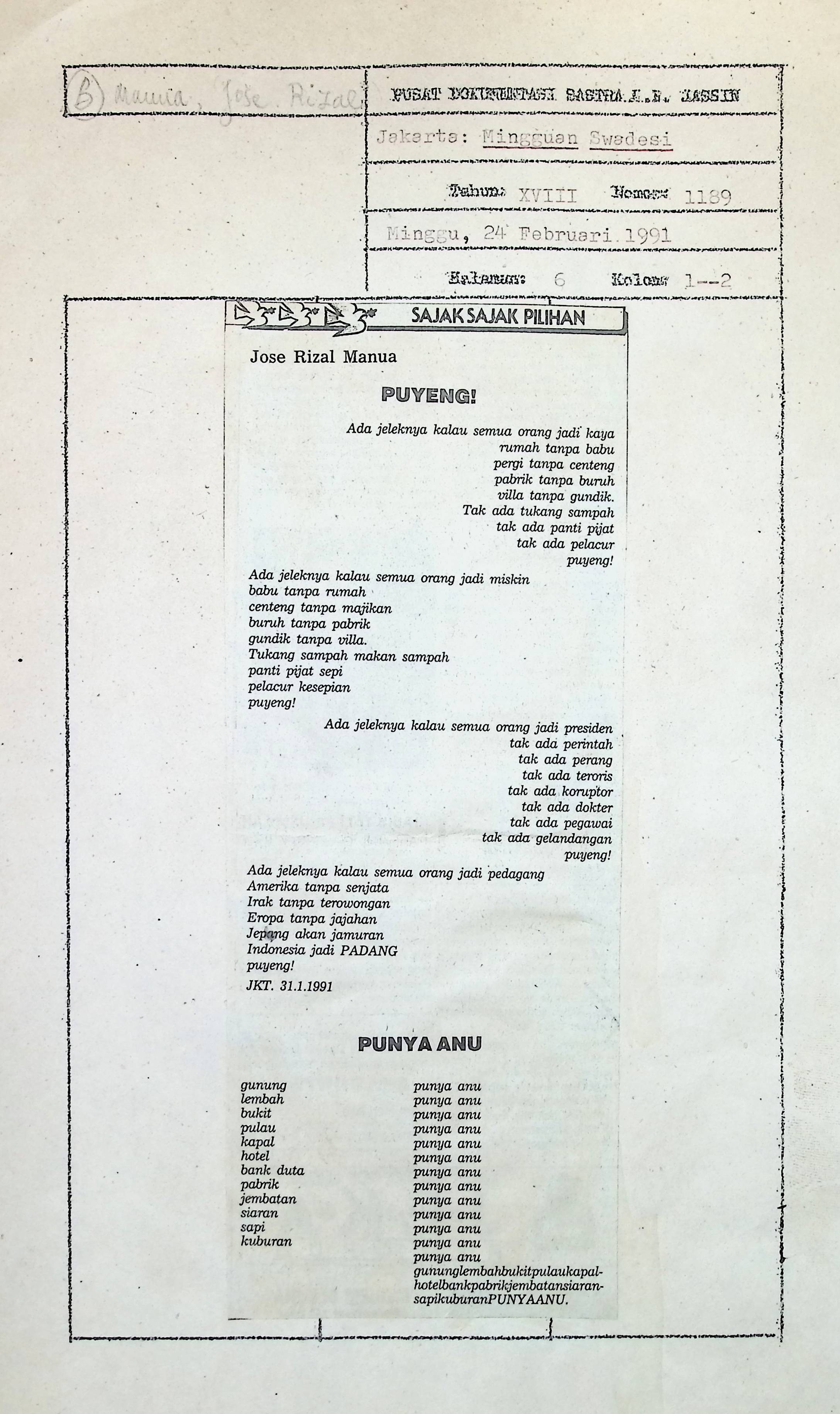 Sajak-sajak Jose Rizal Manua: Puyeng