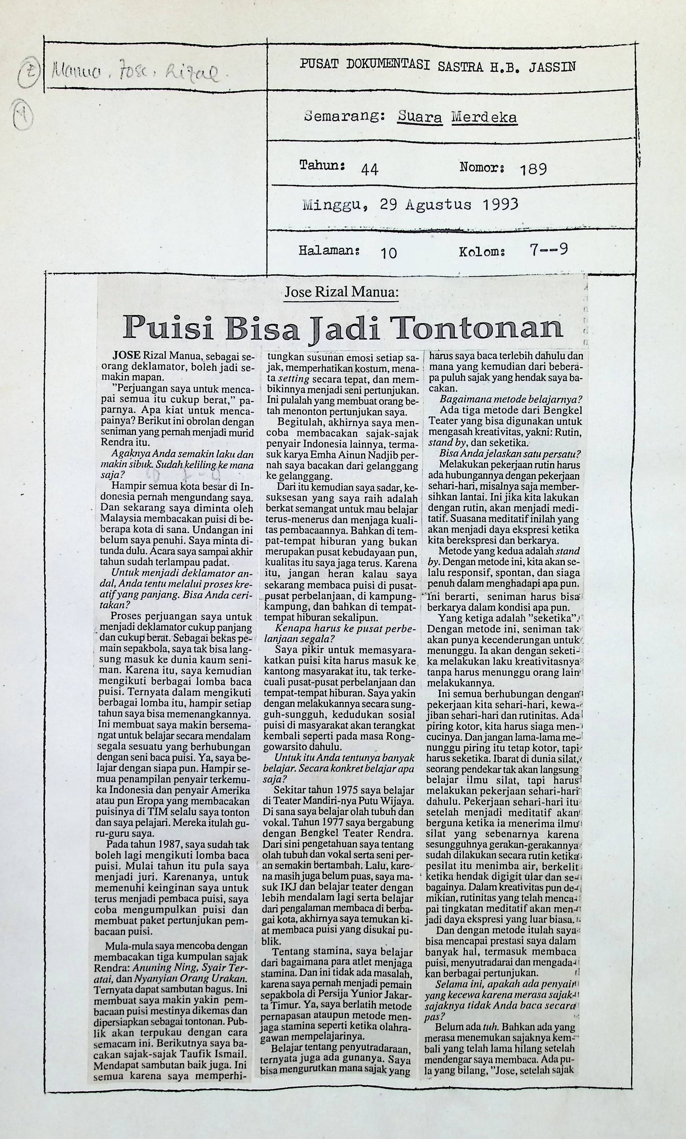 Jose Rizal Manua: Puisi Bisa Jadi Tontonan
