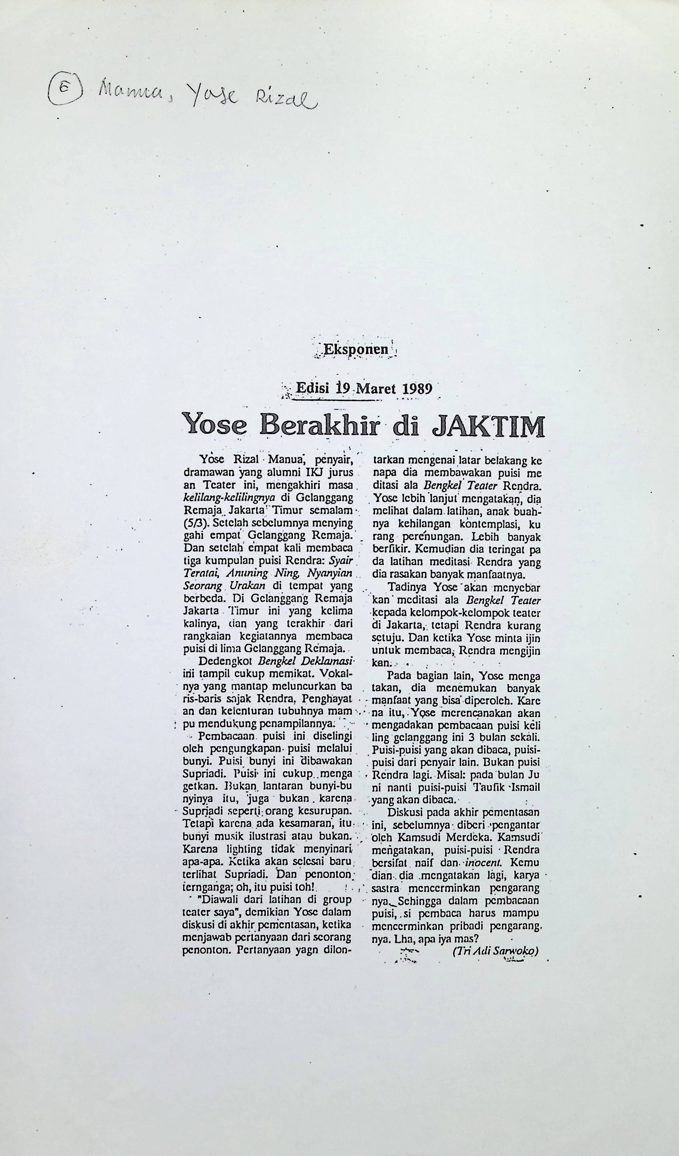 Yose berakhir di JAKTIM / Tri Adi Sarwoko