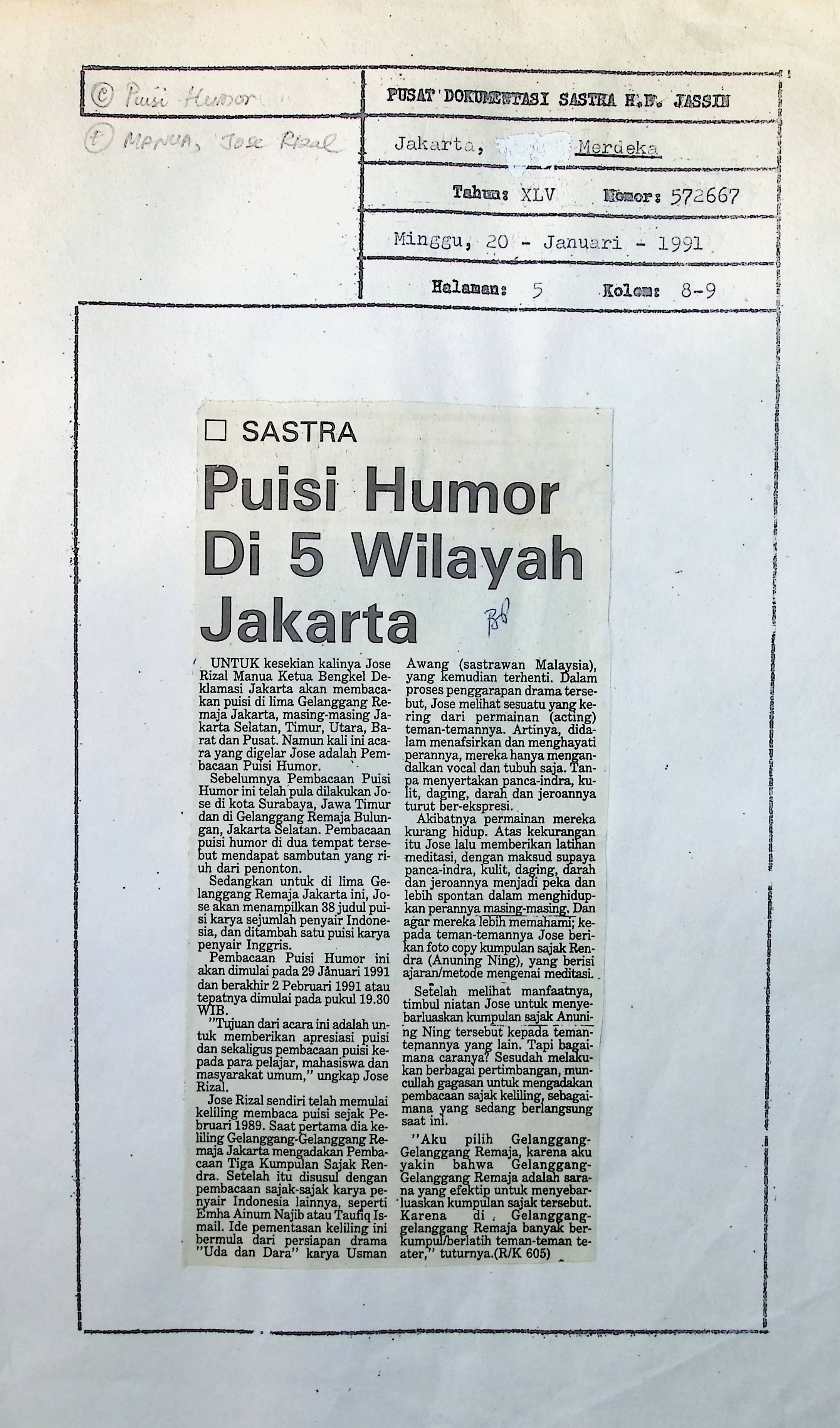 Sastra, puisi humor di 5 wilayah Jakarta