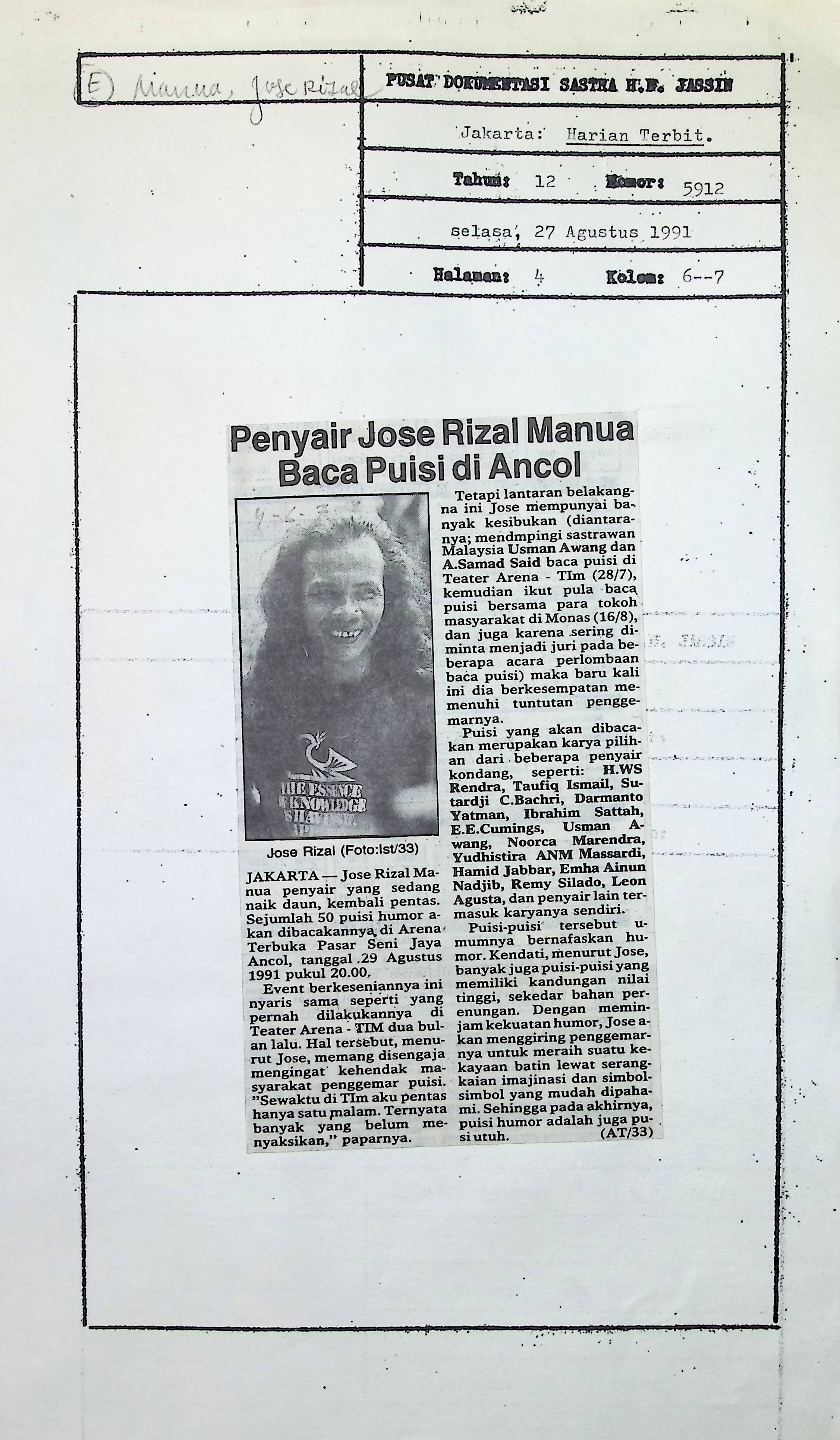 Penyair Jose Rizal Manua baca puisi di Ancol