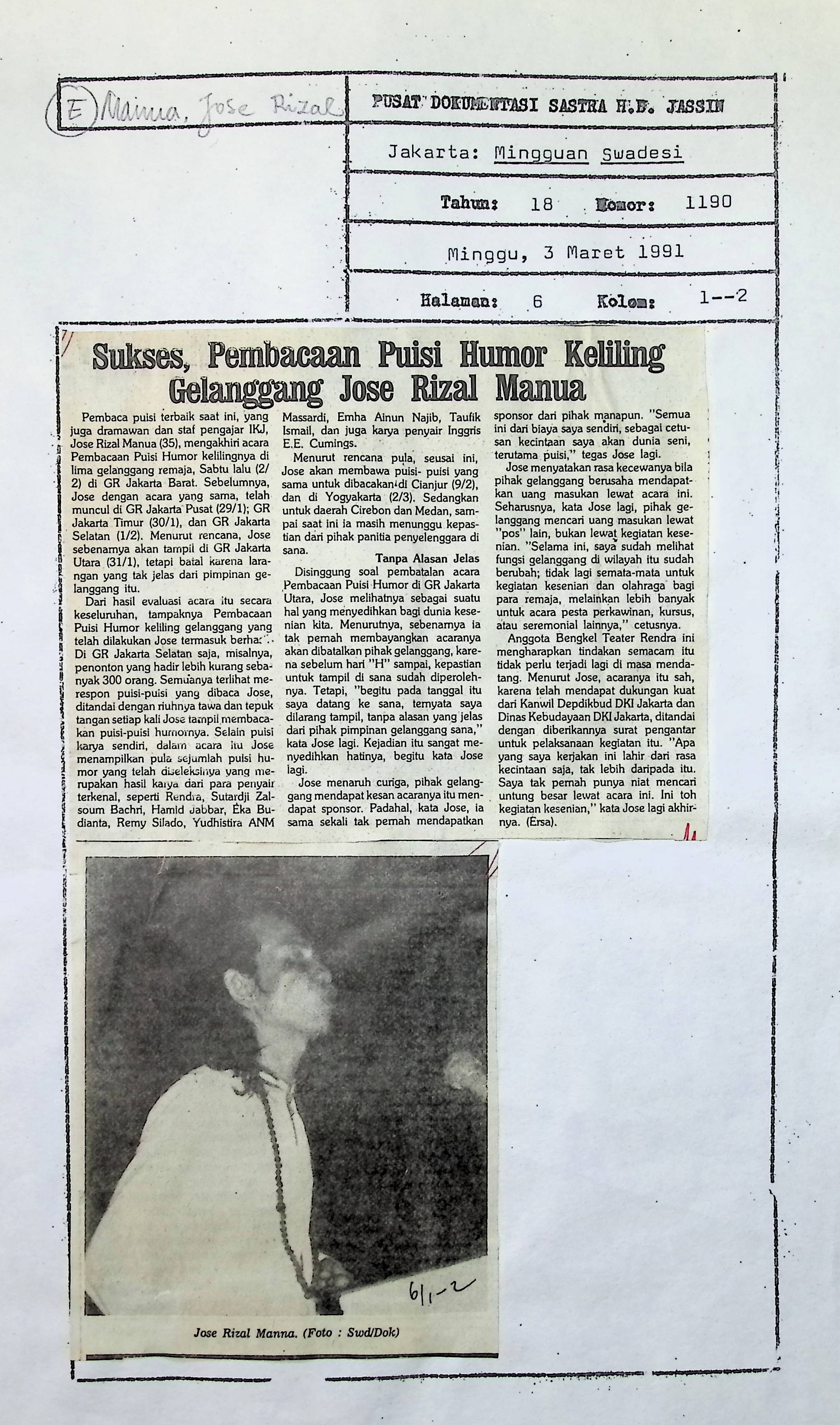 Sukses, pembacaan puis humor keliling gelanggang Jose Rizal Manua
