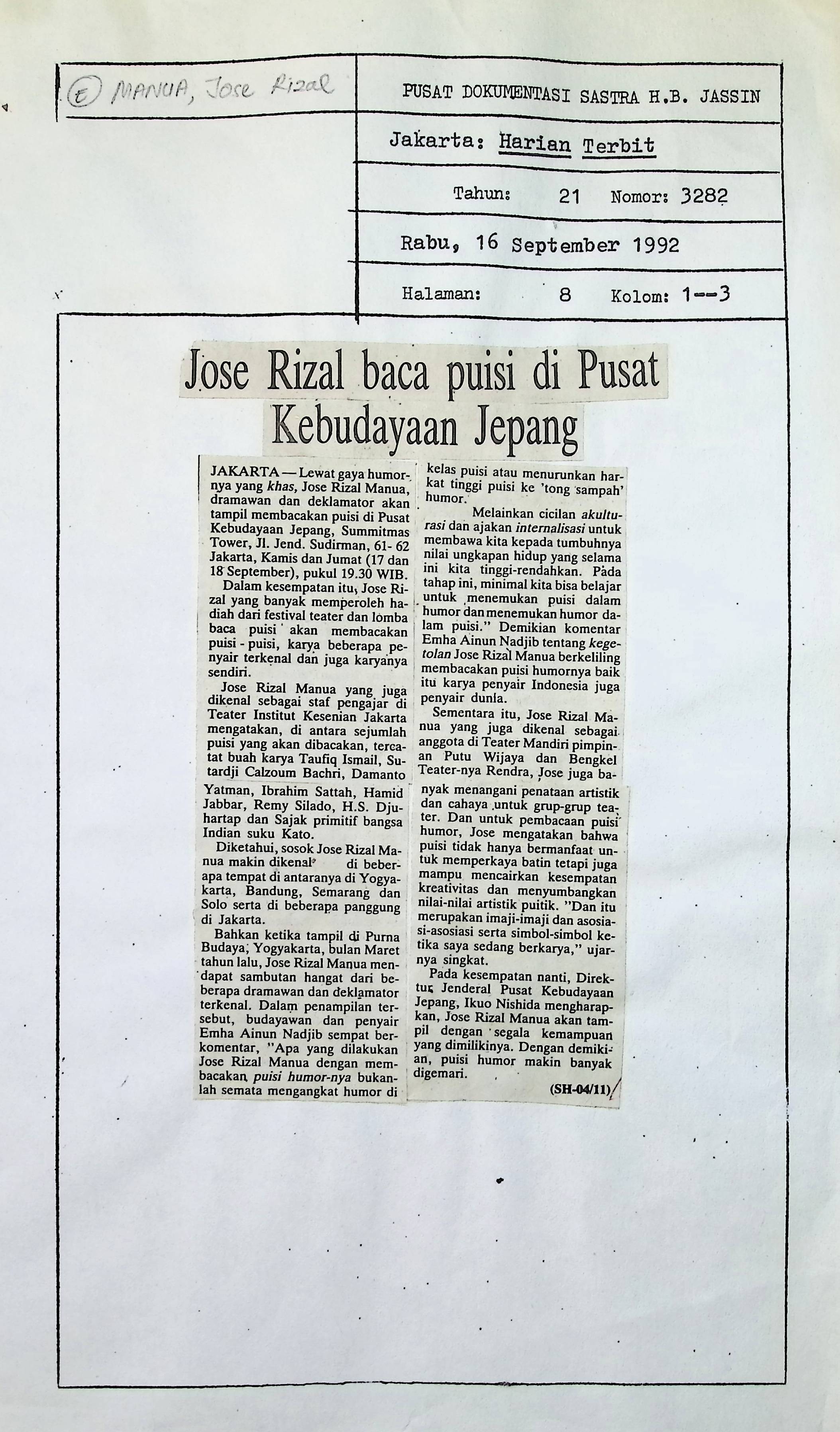 Jose Rizal baca puisi di pusat kebudayaan Jepang
