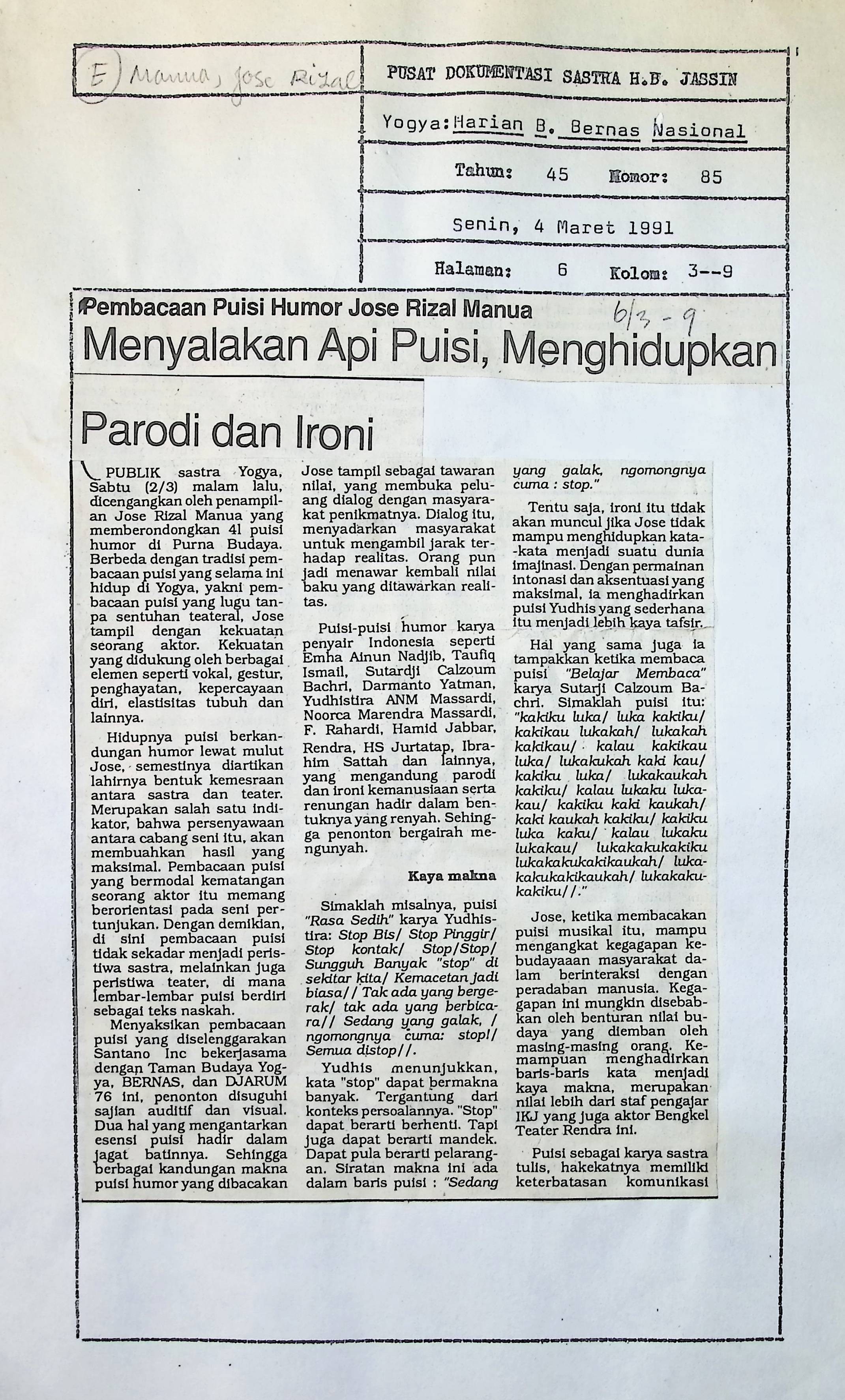 Pembacaan puisi humor Jose Rizal Manua, menyalakan api puisi, menghidupkan parodi dan ironi